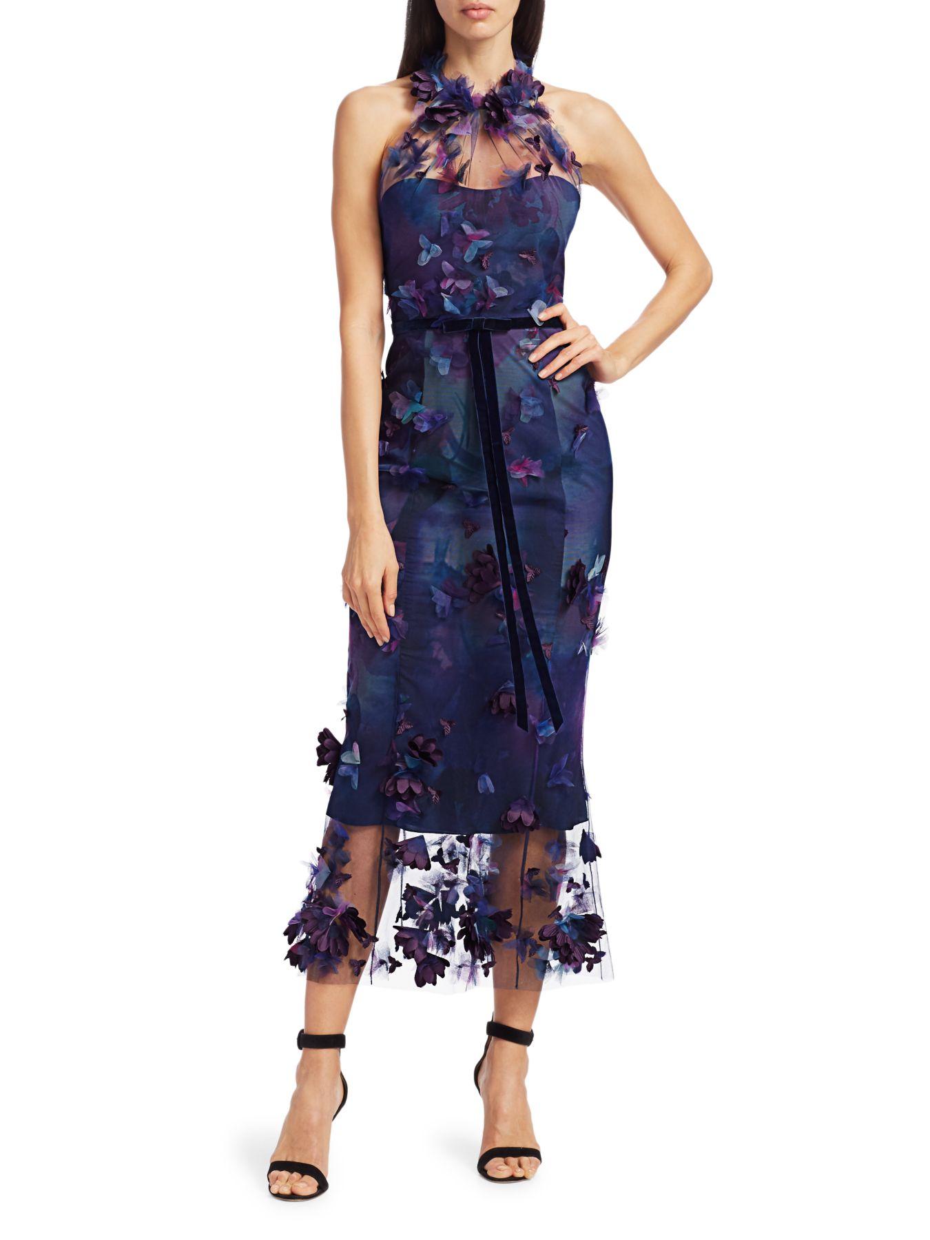 Marchesa notte Velvet Halter 3d Floral Appliqué Cocktail Dress in Navy