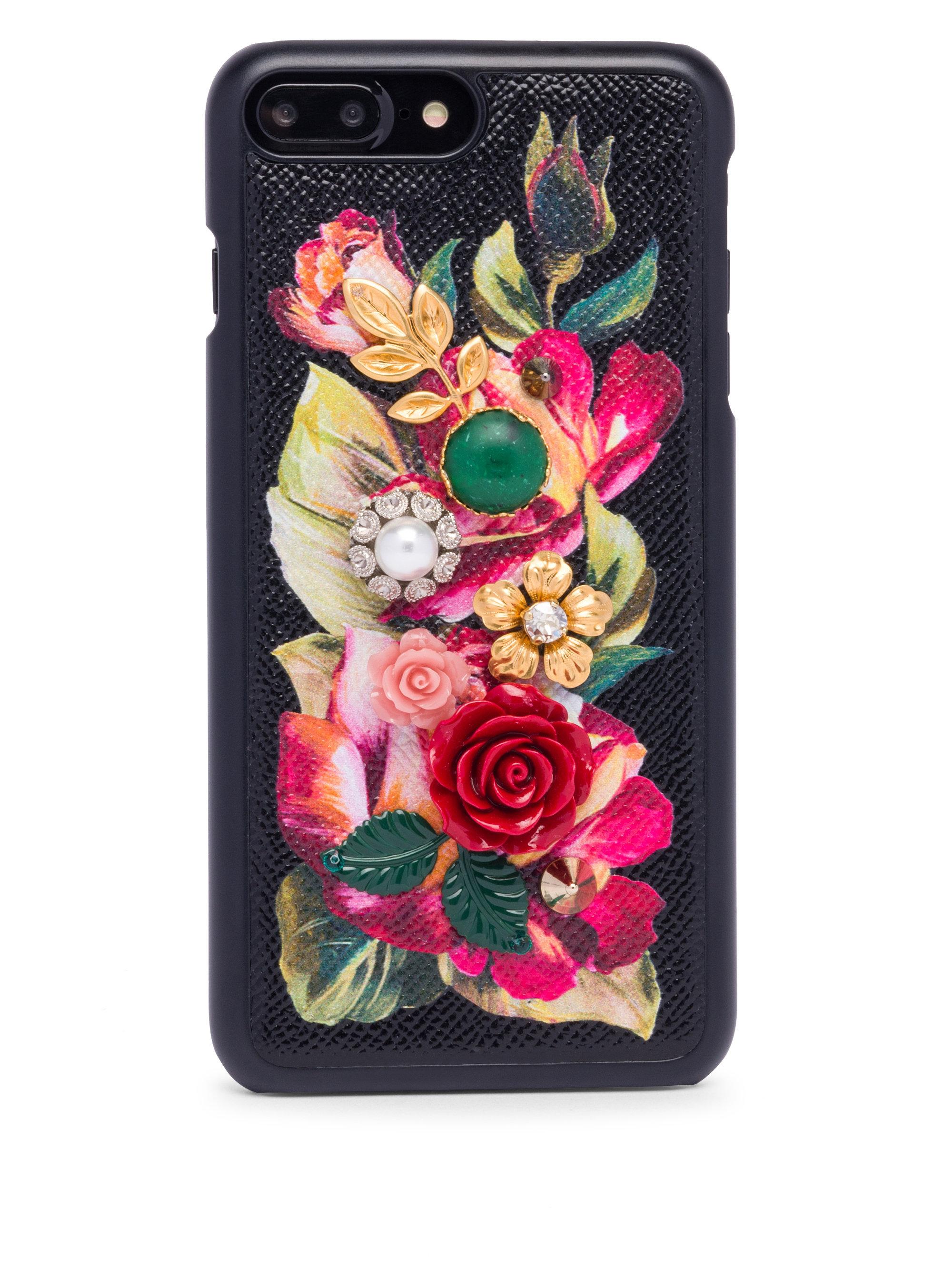 Dolce & Gabbana Leather Floral Embellished Phone Case in Black Pattern