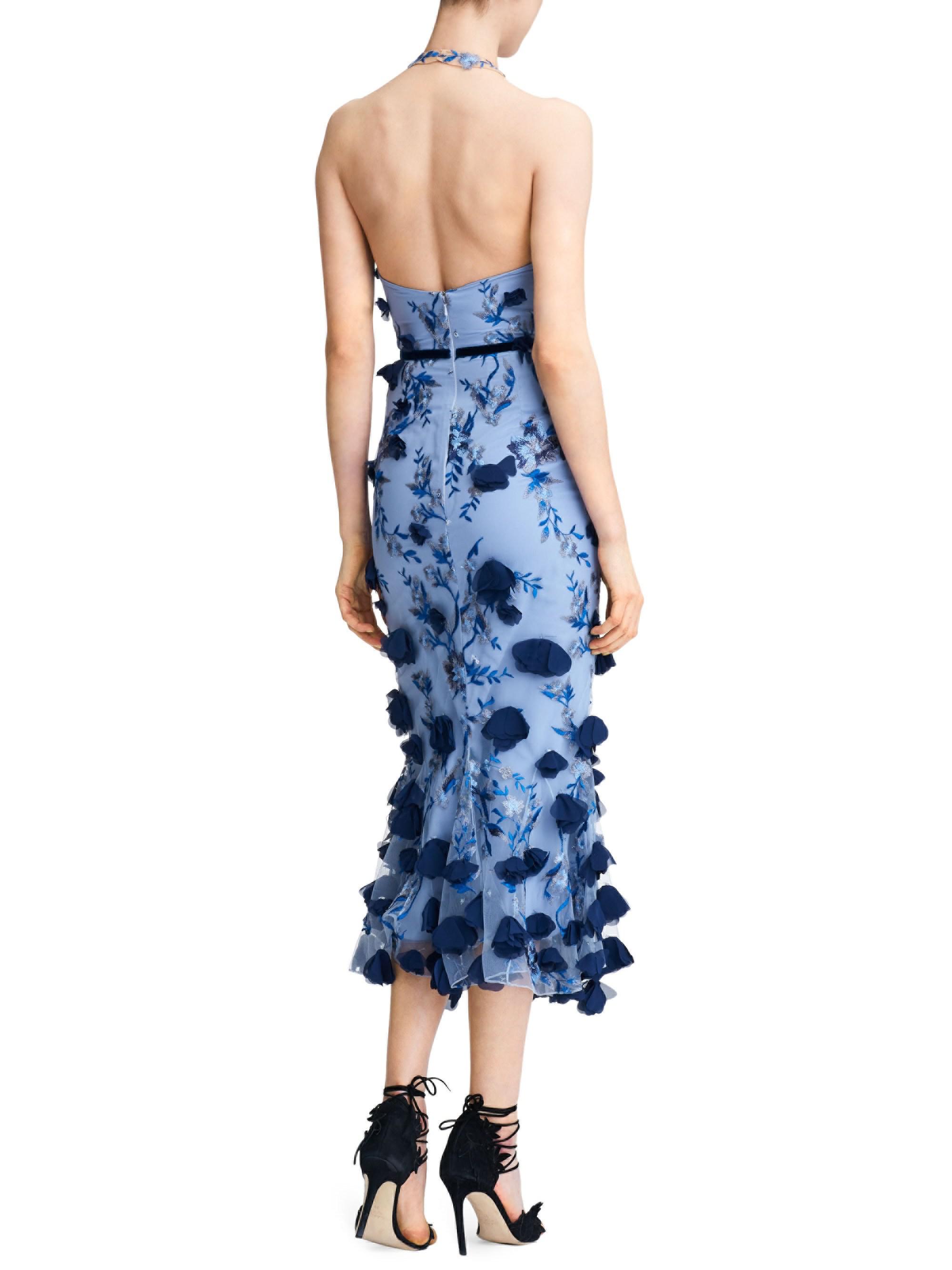 Marchesa notte Floral Appliqué Halter Cocktail Dress in Blue | Lyst