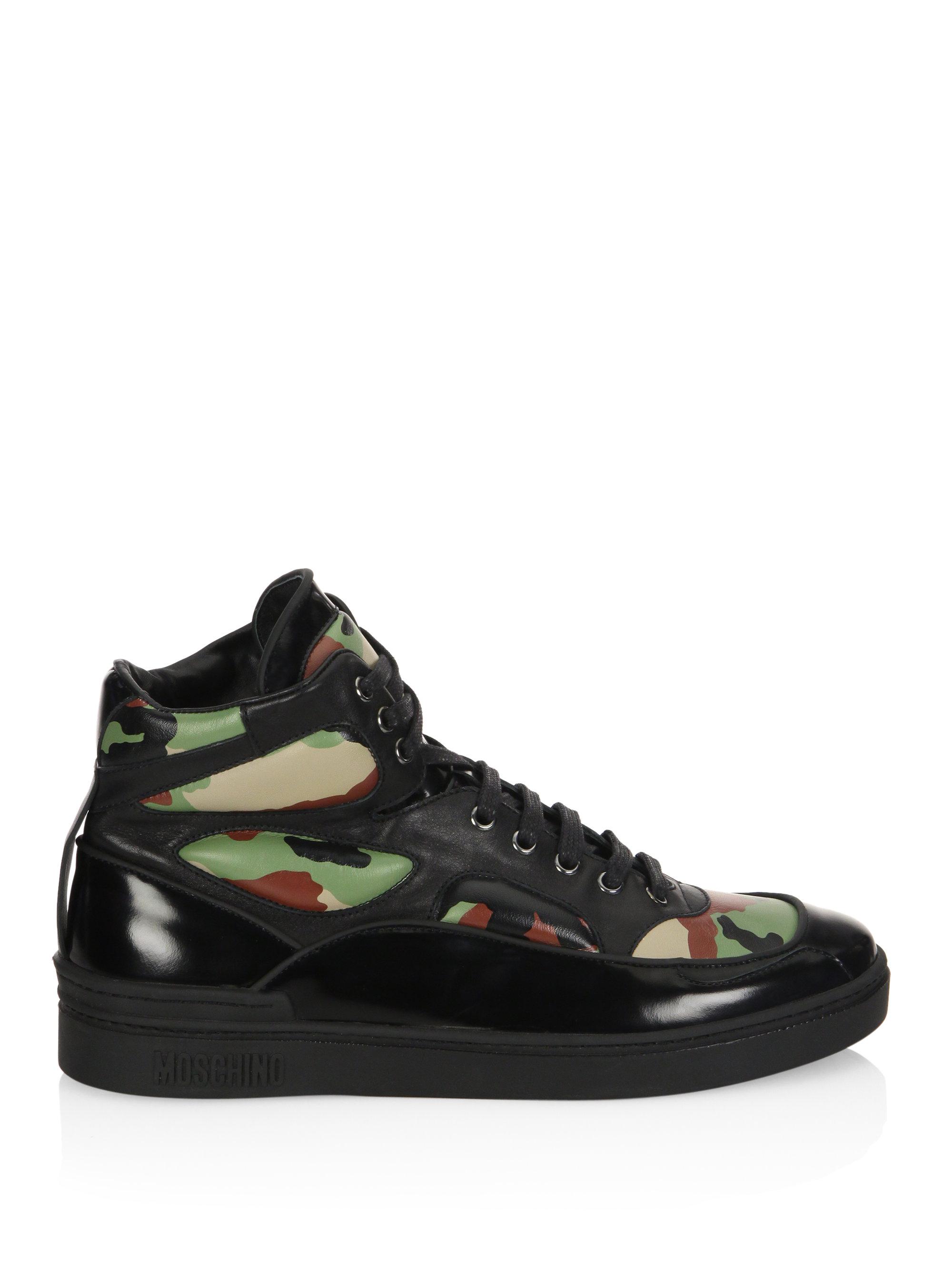 Moschino Camo Leather High Top Sneakers in Black for Men - Lyst