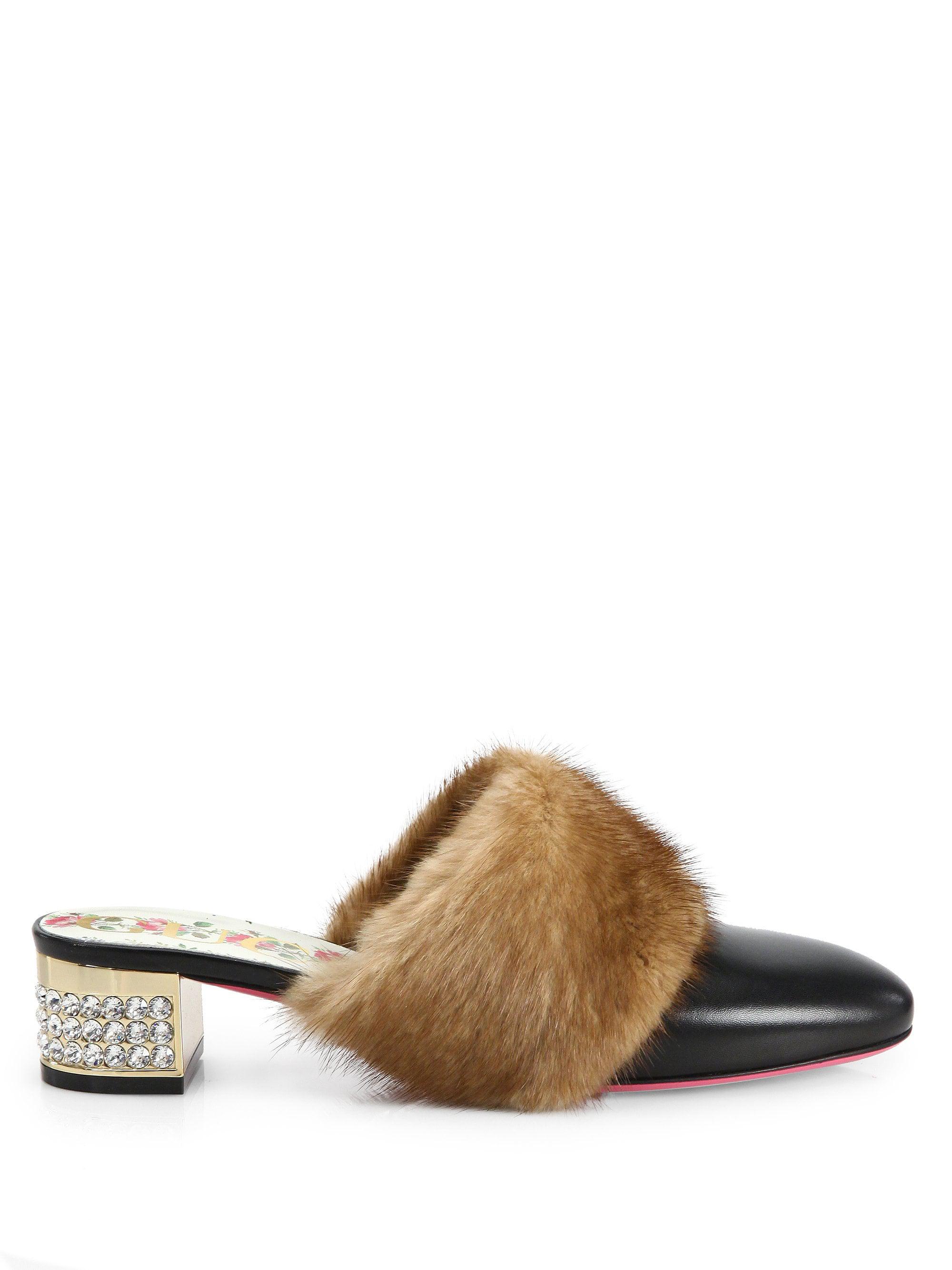 Gucci Leather Slide With Mink Fur in Black - Lyst