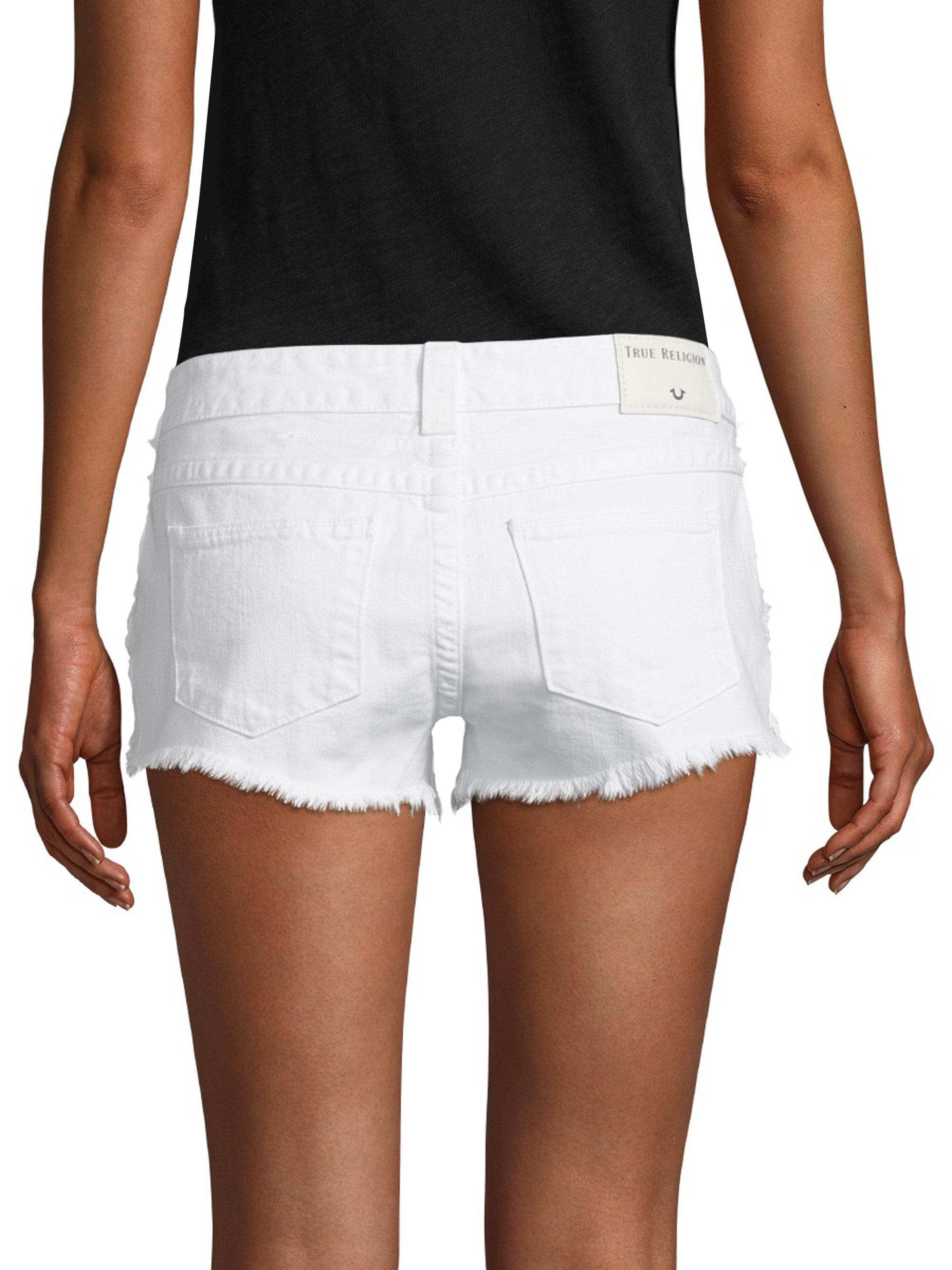 True Religion Keira Frayed Denim Shorts in White - Lyst