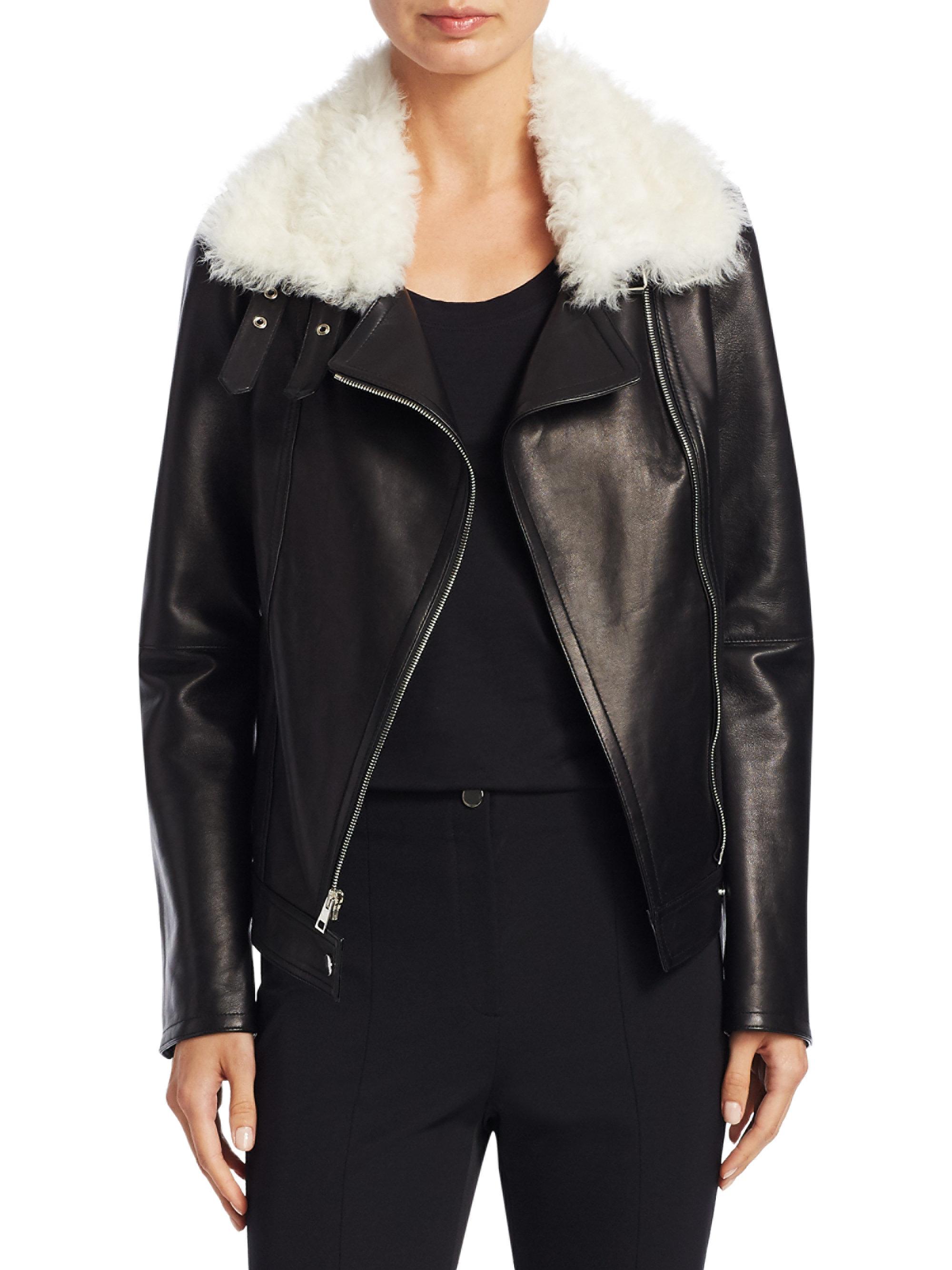 Theory Shearling Lapel Leather Moto Jacket in Black