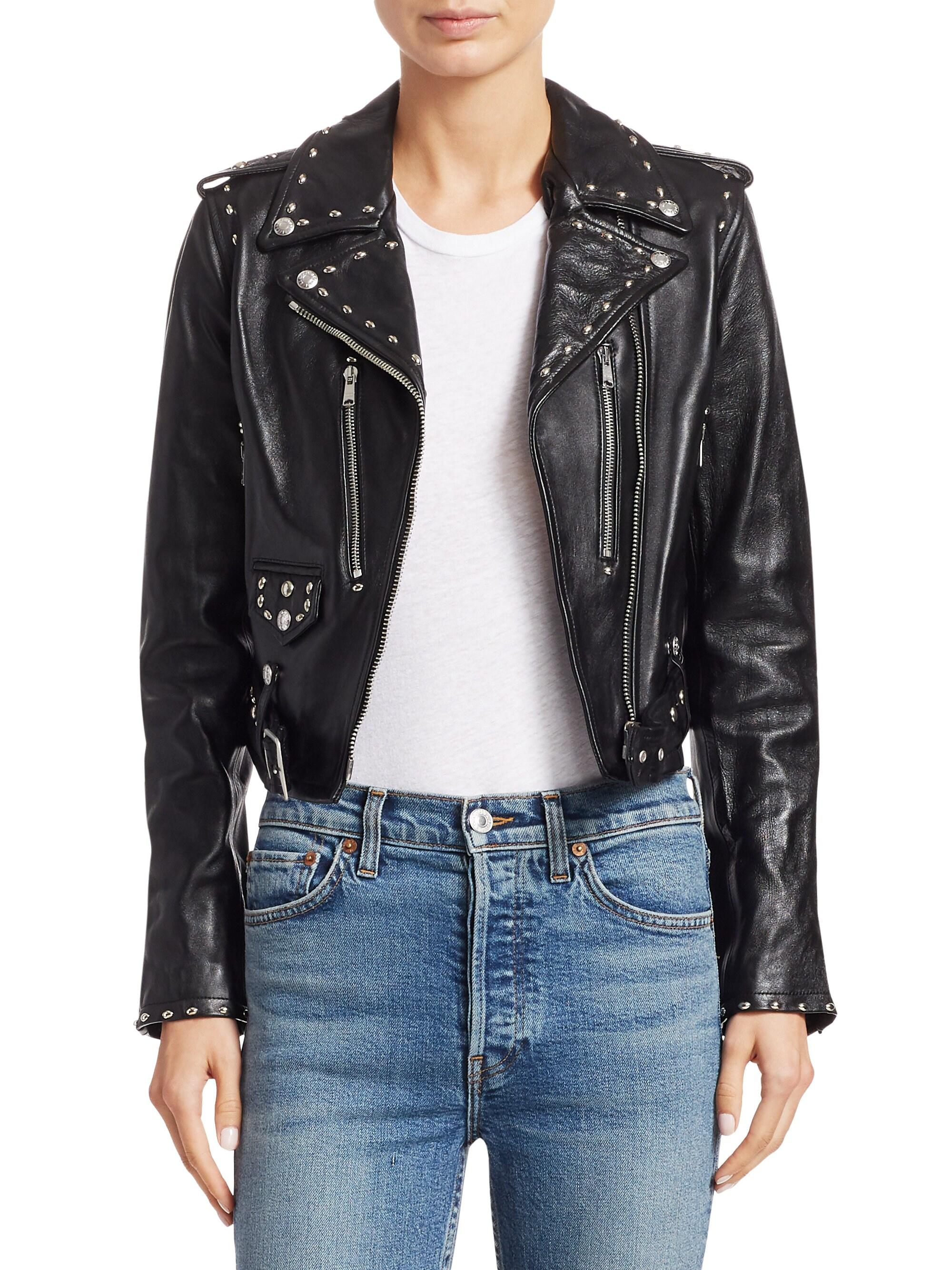 RE/DONE The Studded Leather Cropped Moto Jacket in Black