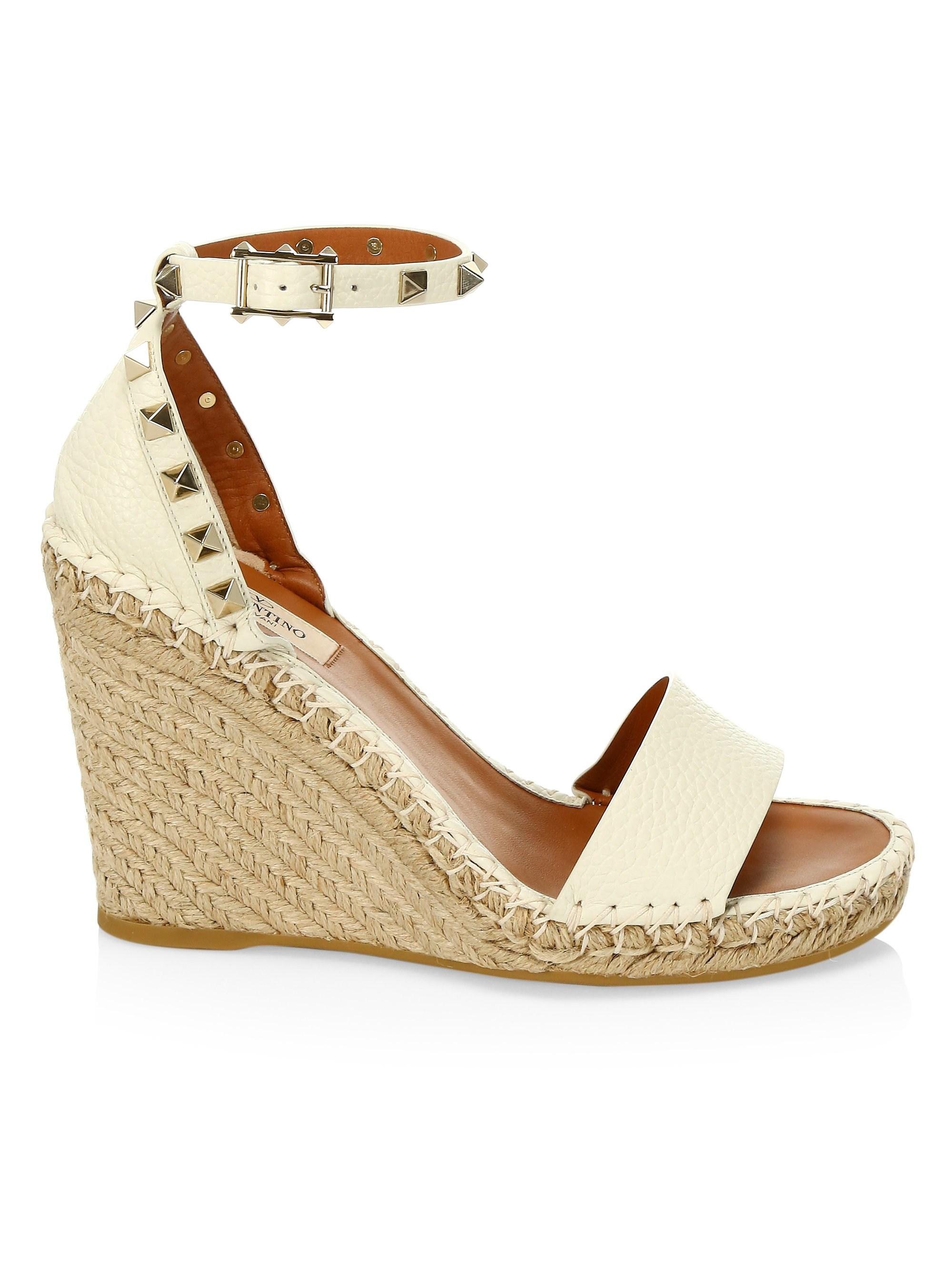 Valentino Rubber Rockstud Leather Espadrille Wedge Sandals in Ivory ...