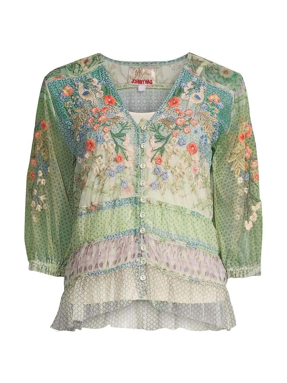 Johnny Was Winx Floralembroidered Mesh Blouse in Green Lyst