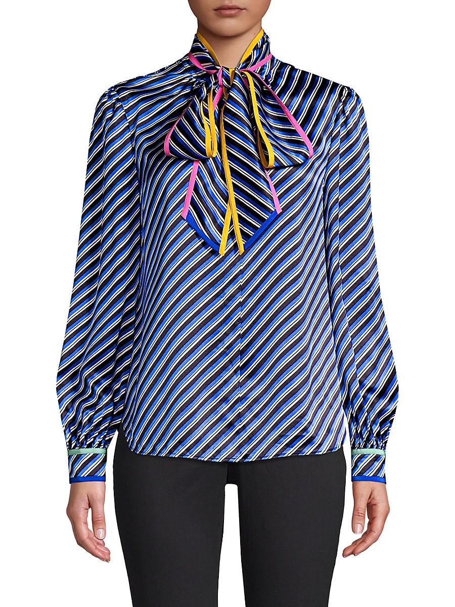 Tory Burch Contrast Binding Printed Bow Blouse in Blue | Lyst