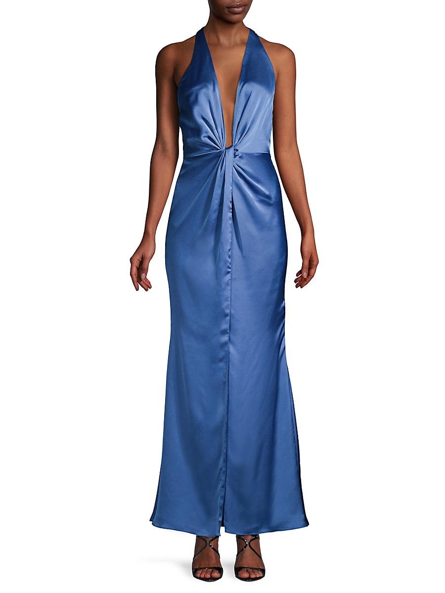 Fame & Partners Vania Plunge Satin Gown in Blue | Lyst