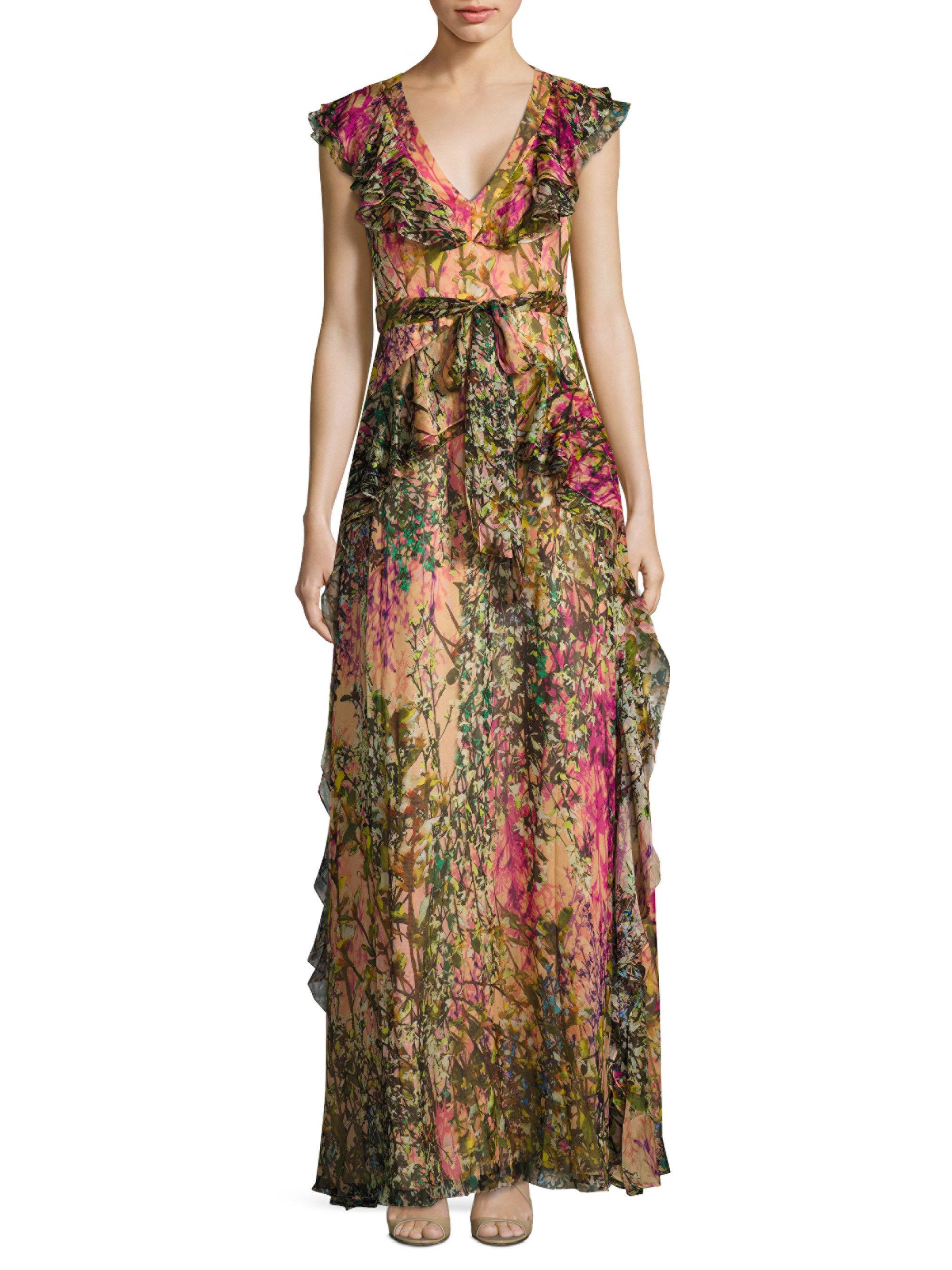 badgley mischka multi printed peach maxi
