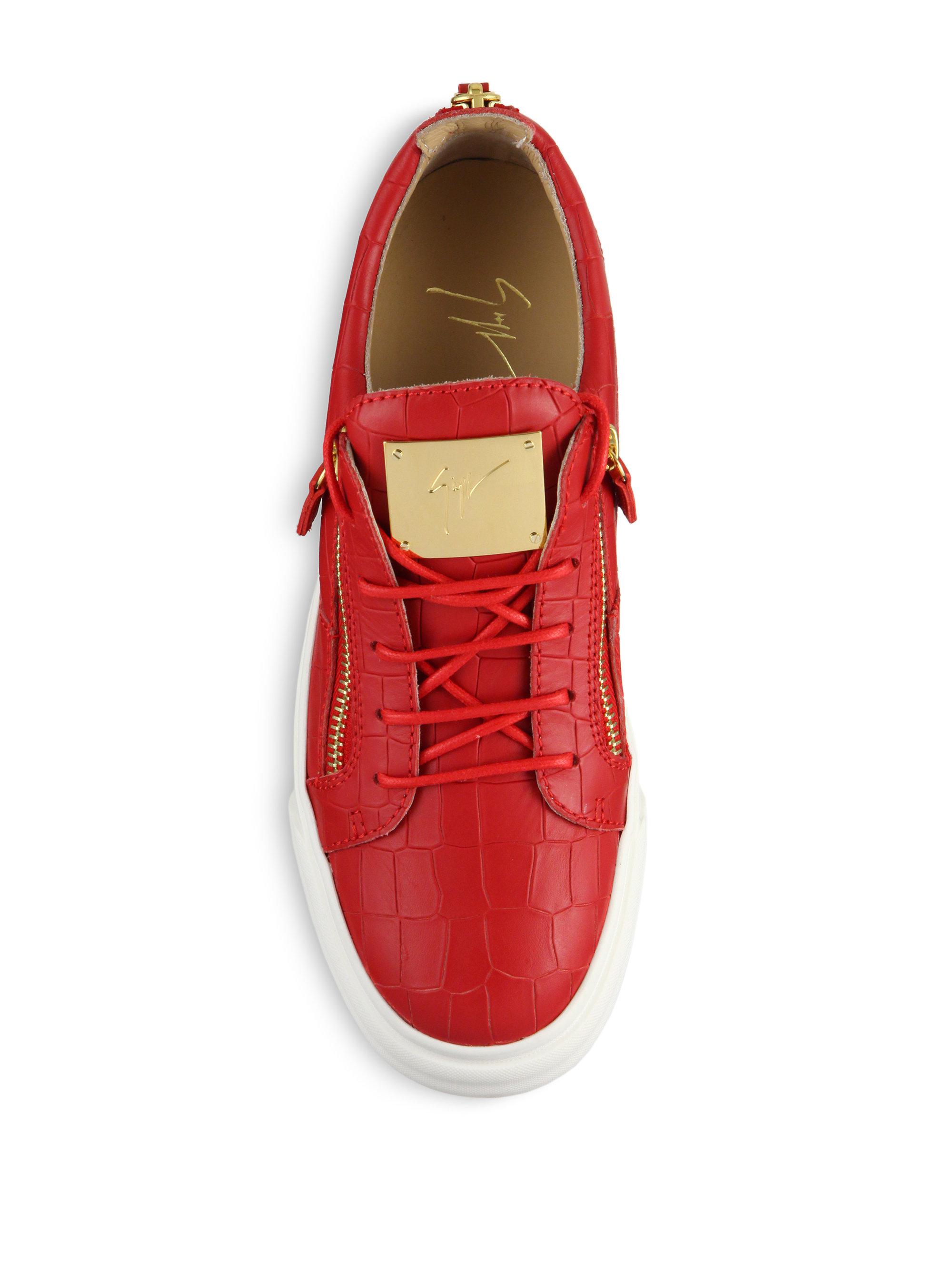 Giuseppe Zanotti Croc-embossed Leather Double-zip Low-top Sneakers in Red  for Men - Lyst