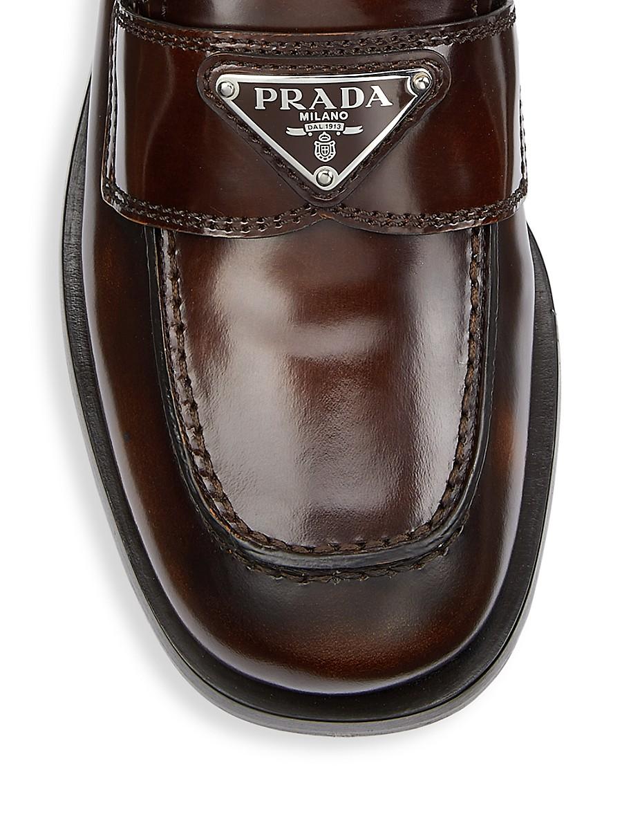 Prada Logo Leather Loafers in Tobacco (Brown) | Lyst
