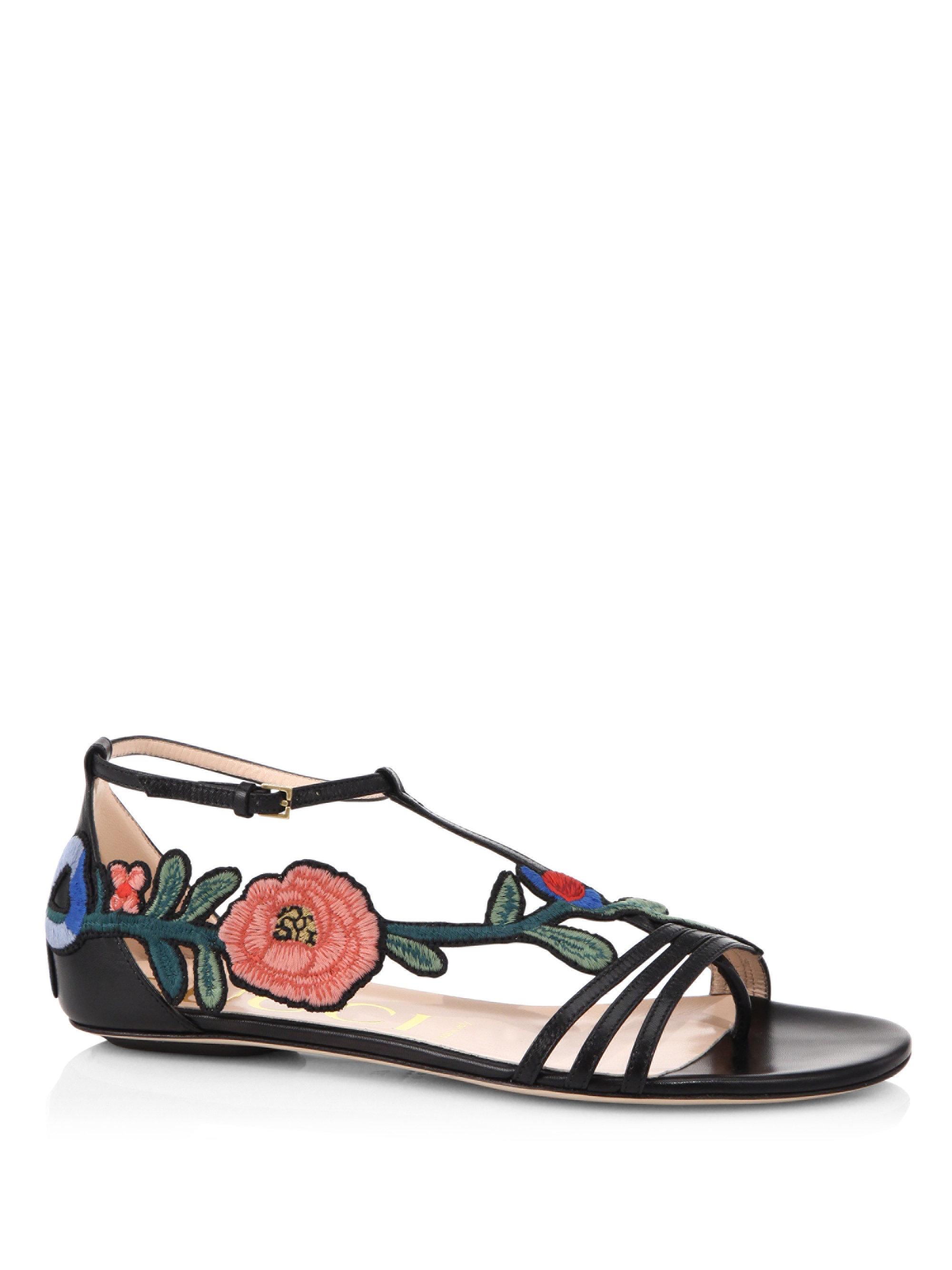 Gucci Leather Ophelia Floral-embroidered Flat Sandals in Black - Lyst