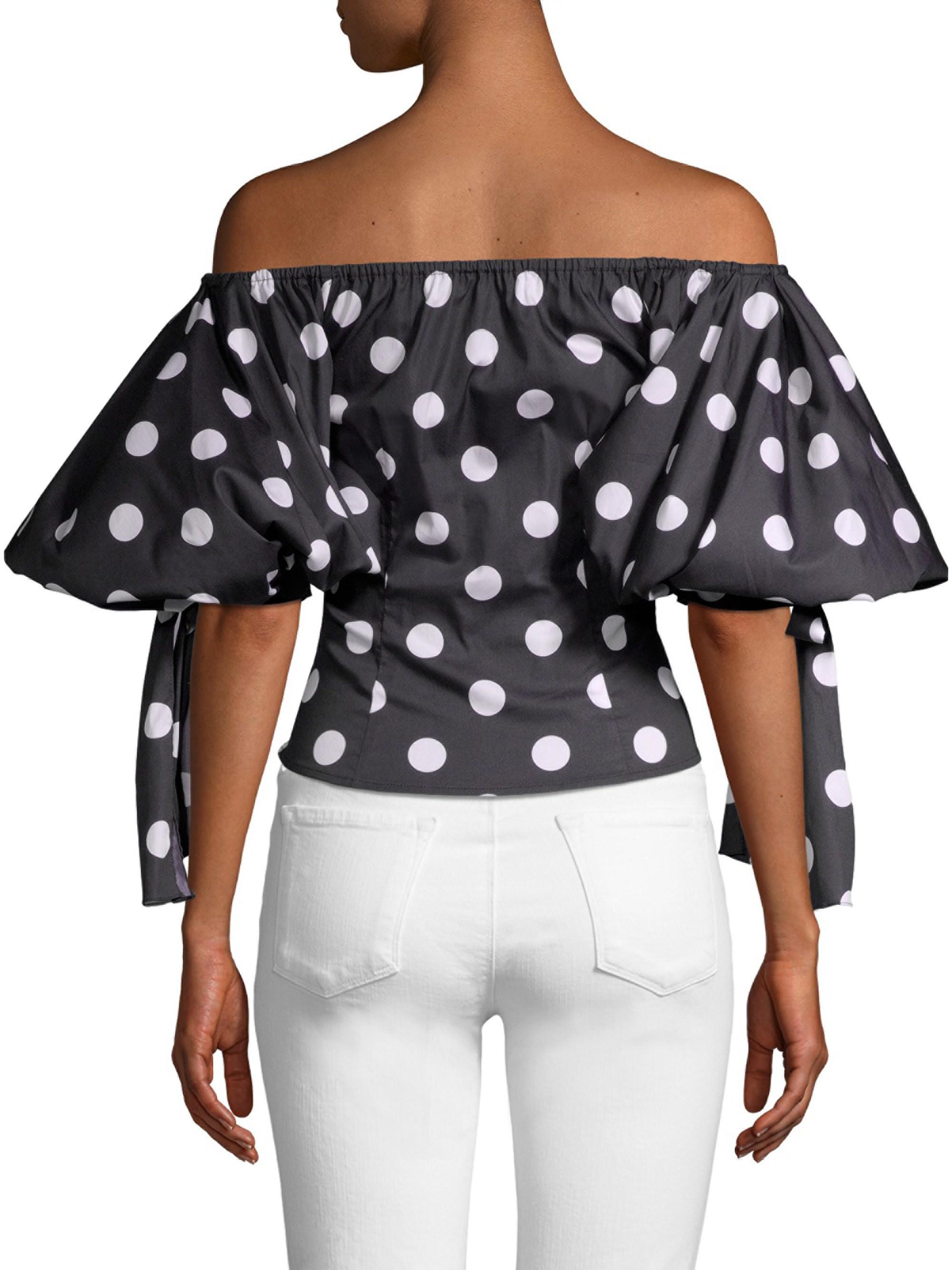 black and white polka dot off the shoulder top