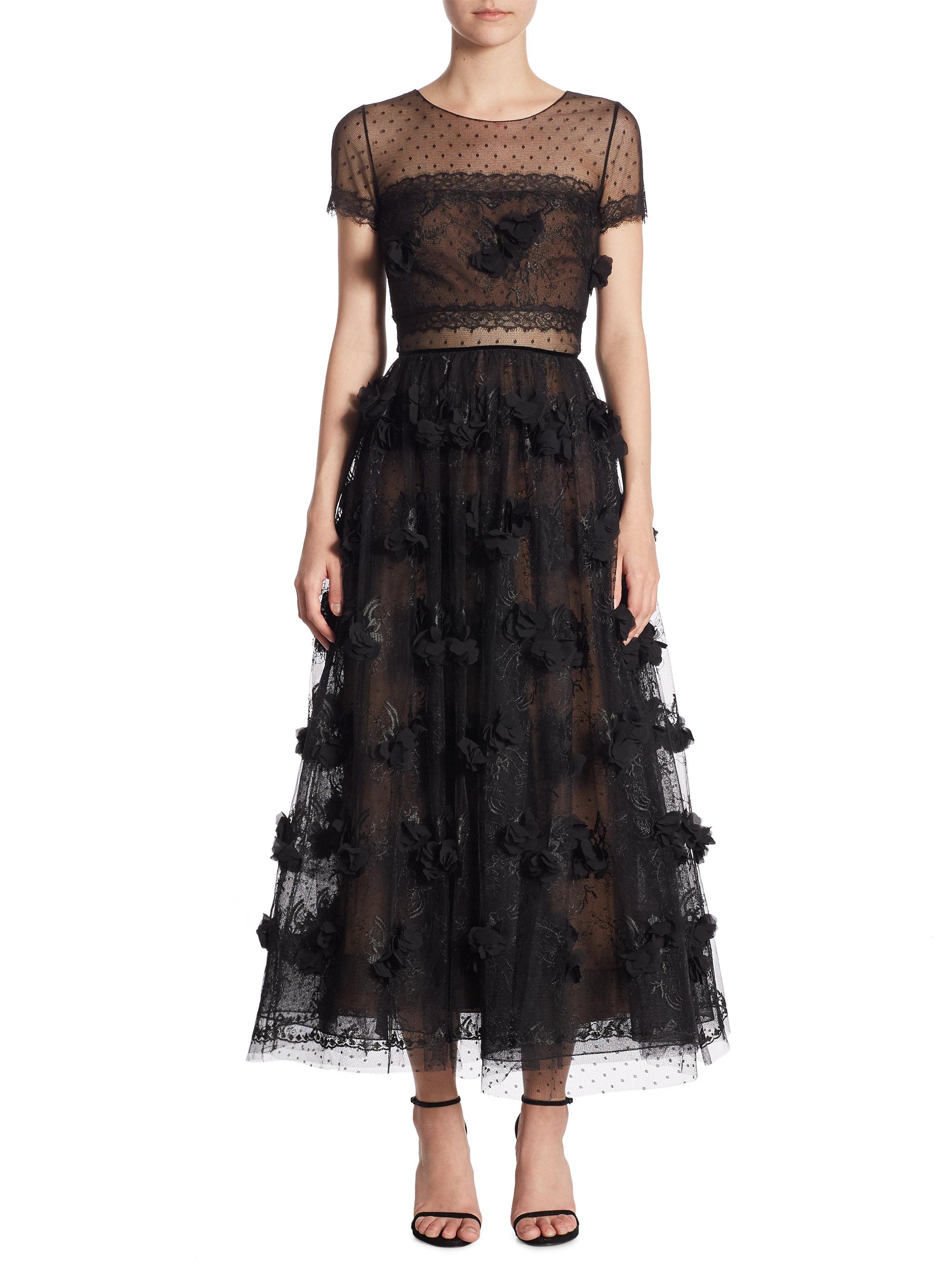 Marchesa notte Floral Tea-length Lace Dress in Black - Lyst