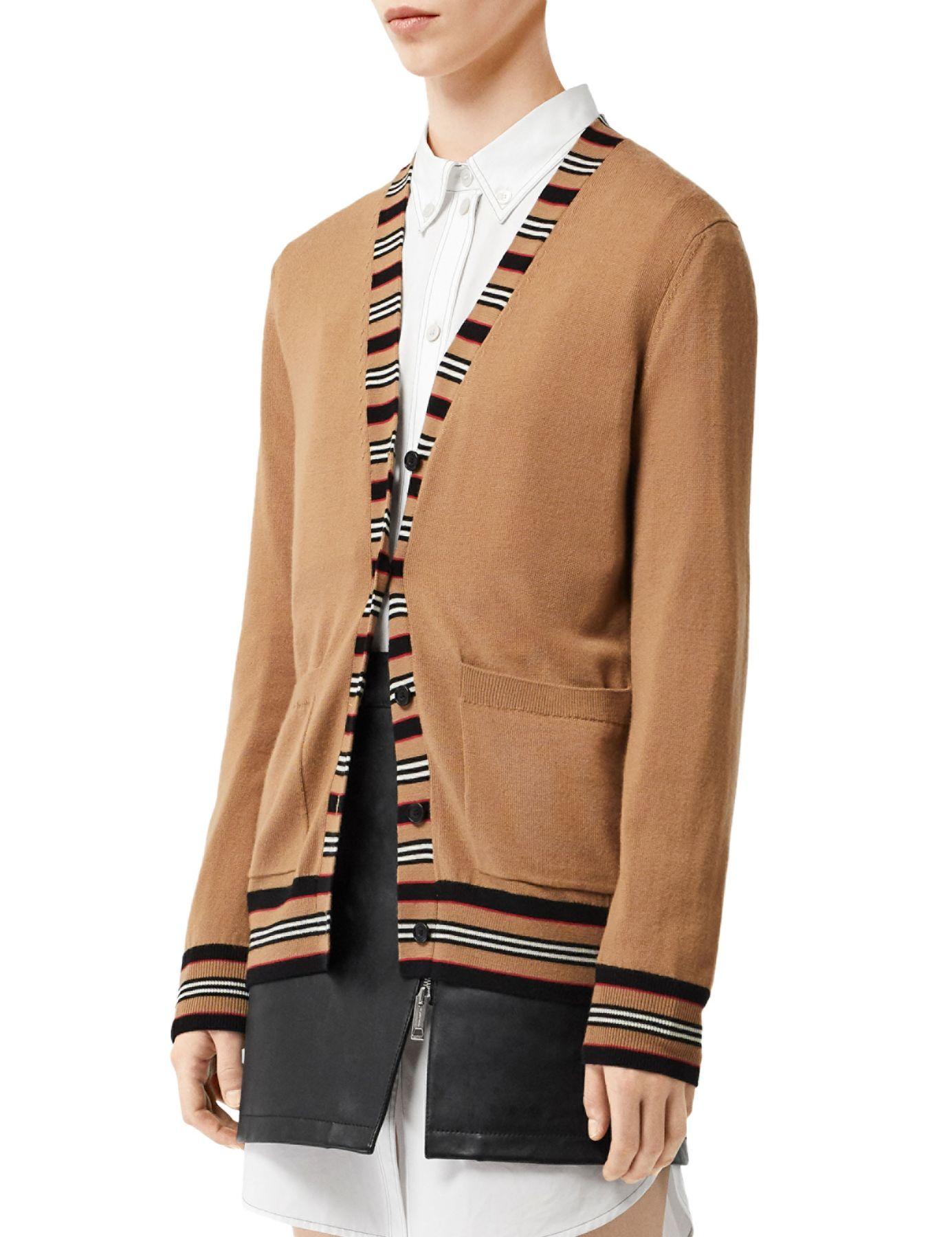 Burberry Icon Stripe Detail Merino Wool Cardigan in Camel (Natural) - Lyst
