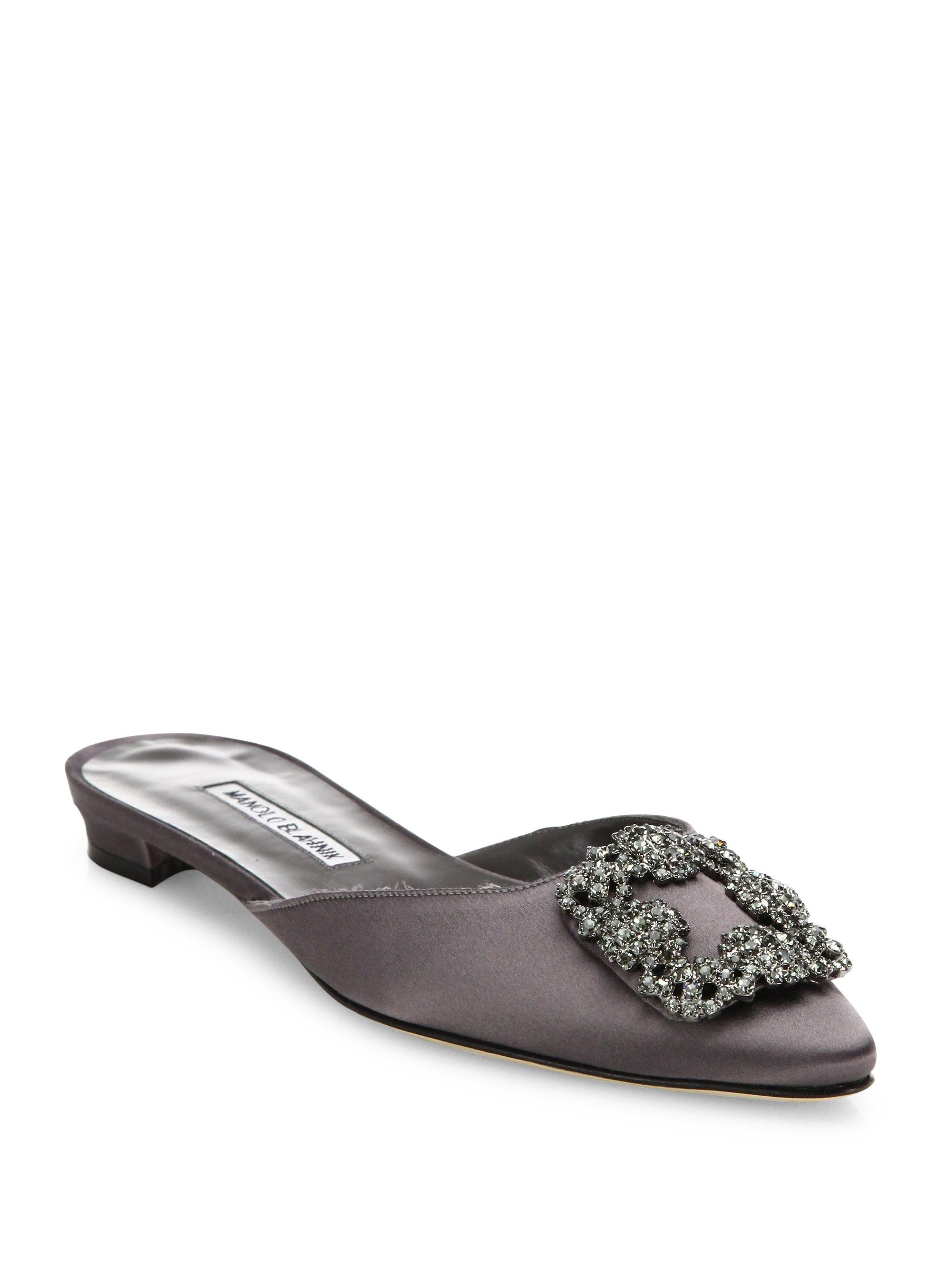 Manolo Blahnik Hangisi Embellished Satin Mules in Gray | Lyst