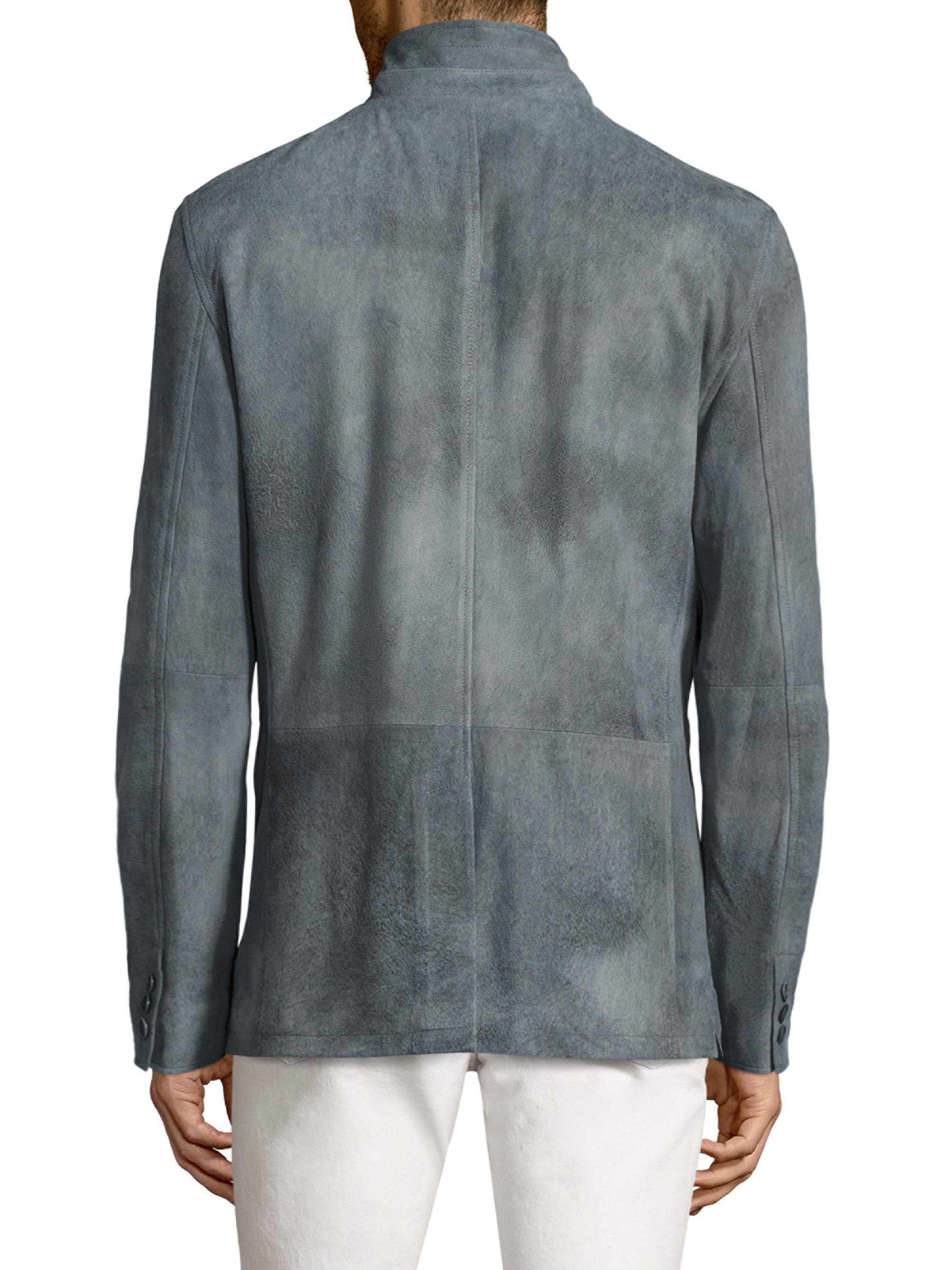 Download John Varvatos Mock Collar Leather Jacket in Blue for Men ...