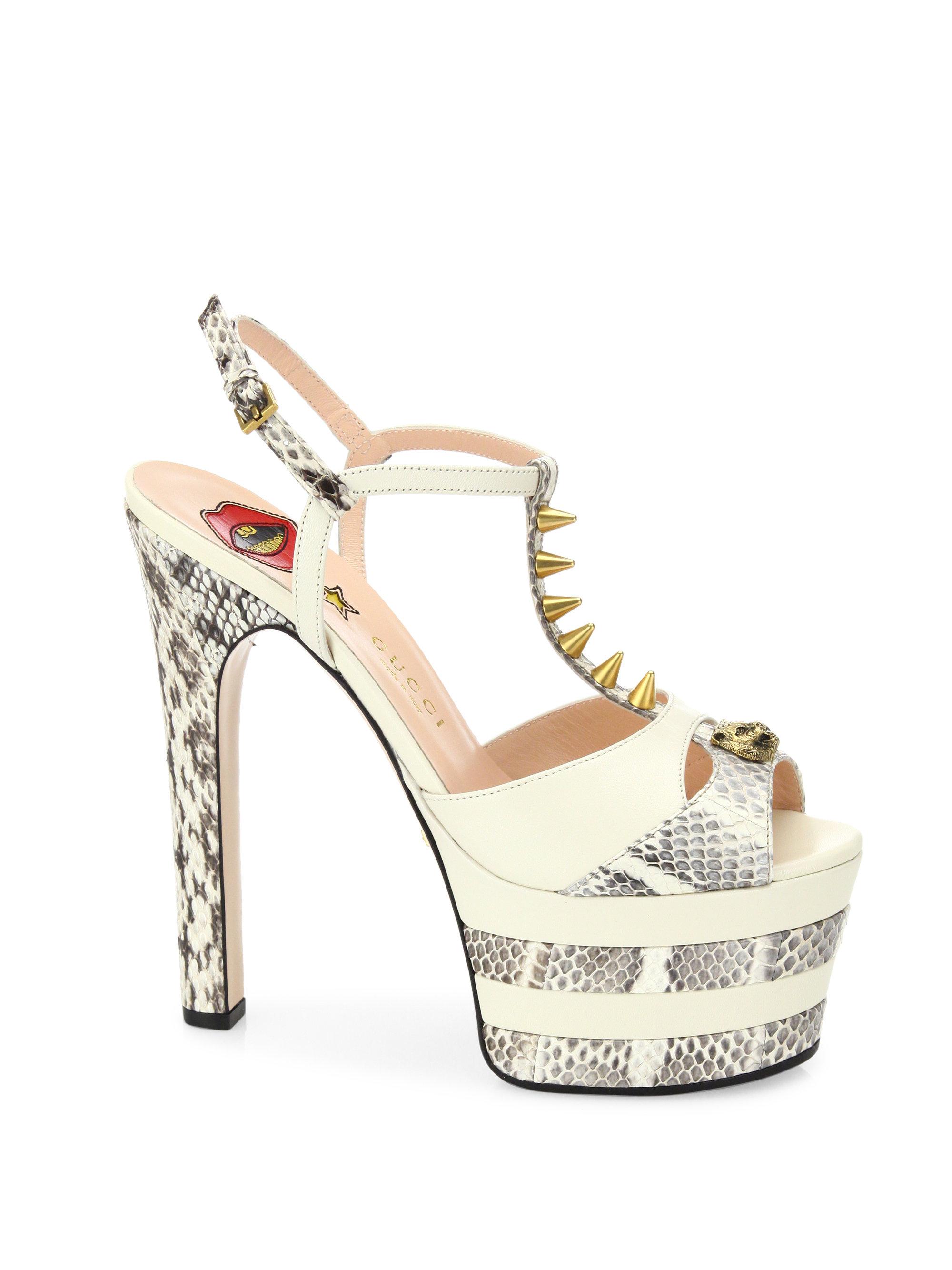 Gucci Angel Leather & Snakeskin Peep Toe Platform T-strap Sandals in White  | Lyst