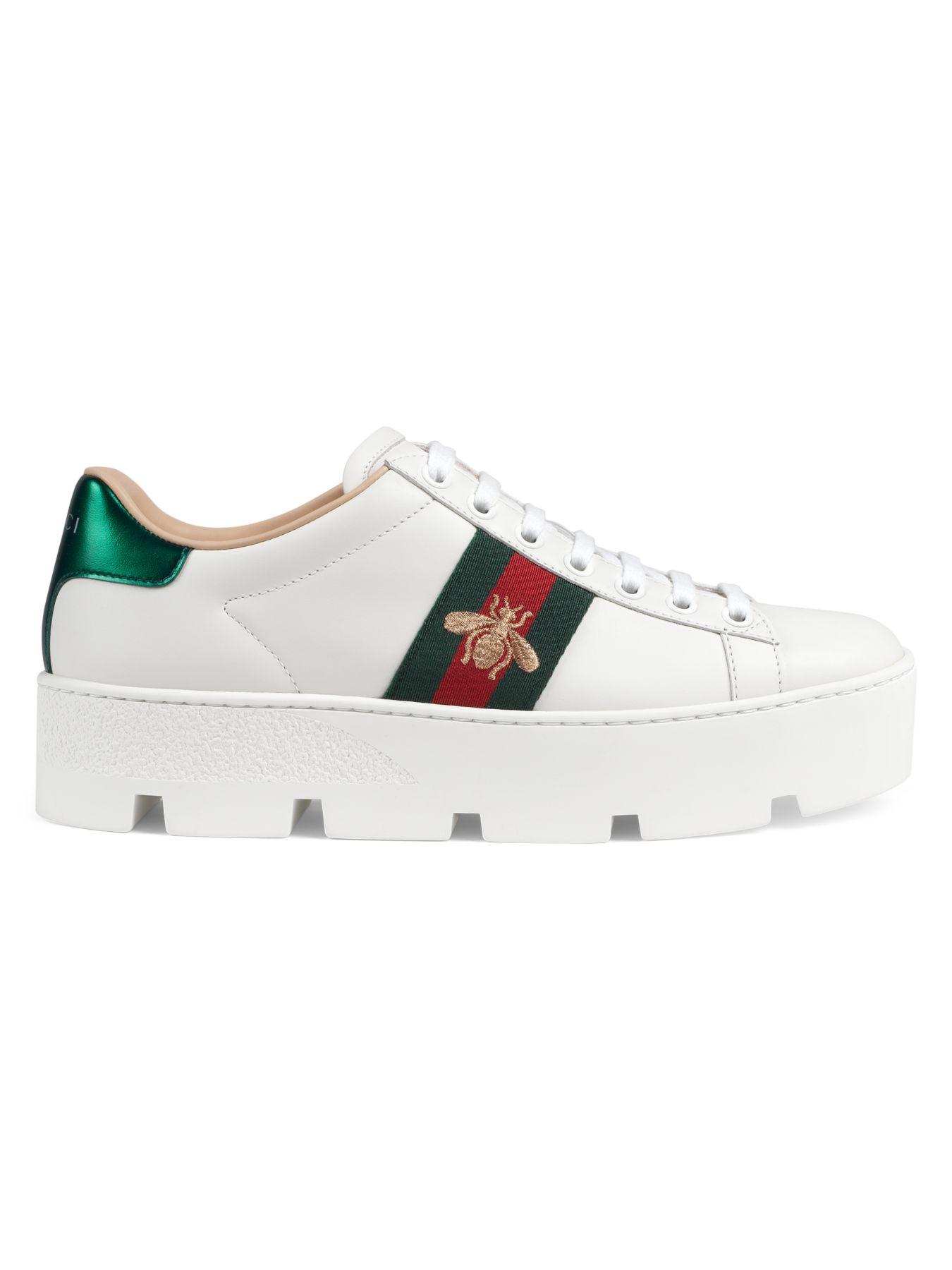 Gucci Leather New Ace Platform Bee Sneakers in White - Lyst