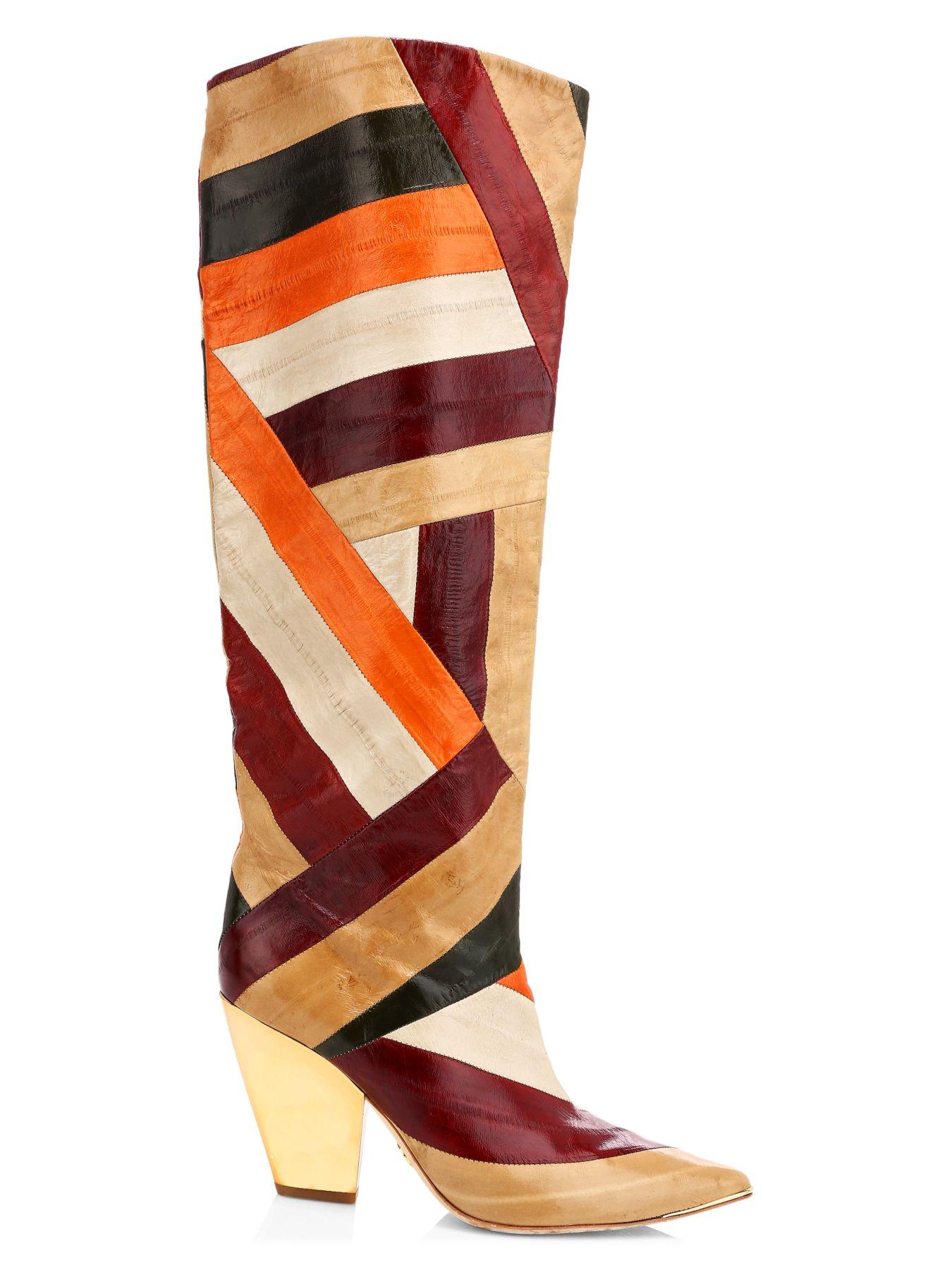 Tory Burch Lila Patchwork Eel Leather Knee-high Boots in Orange | Lyst