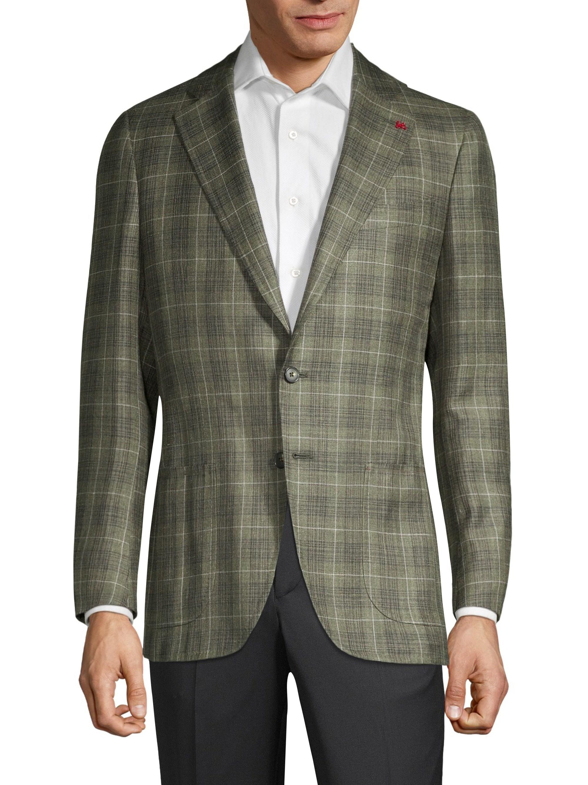 Isaia Summertime Plaid Wool, Silk & Linen Singlebreasted Jacket in
