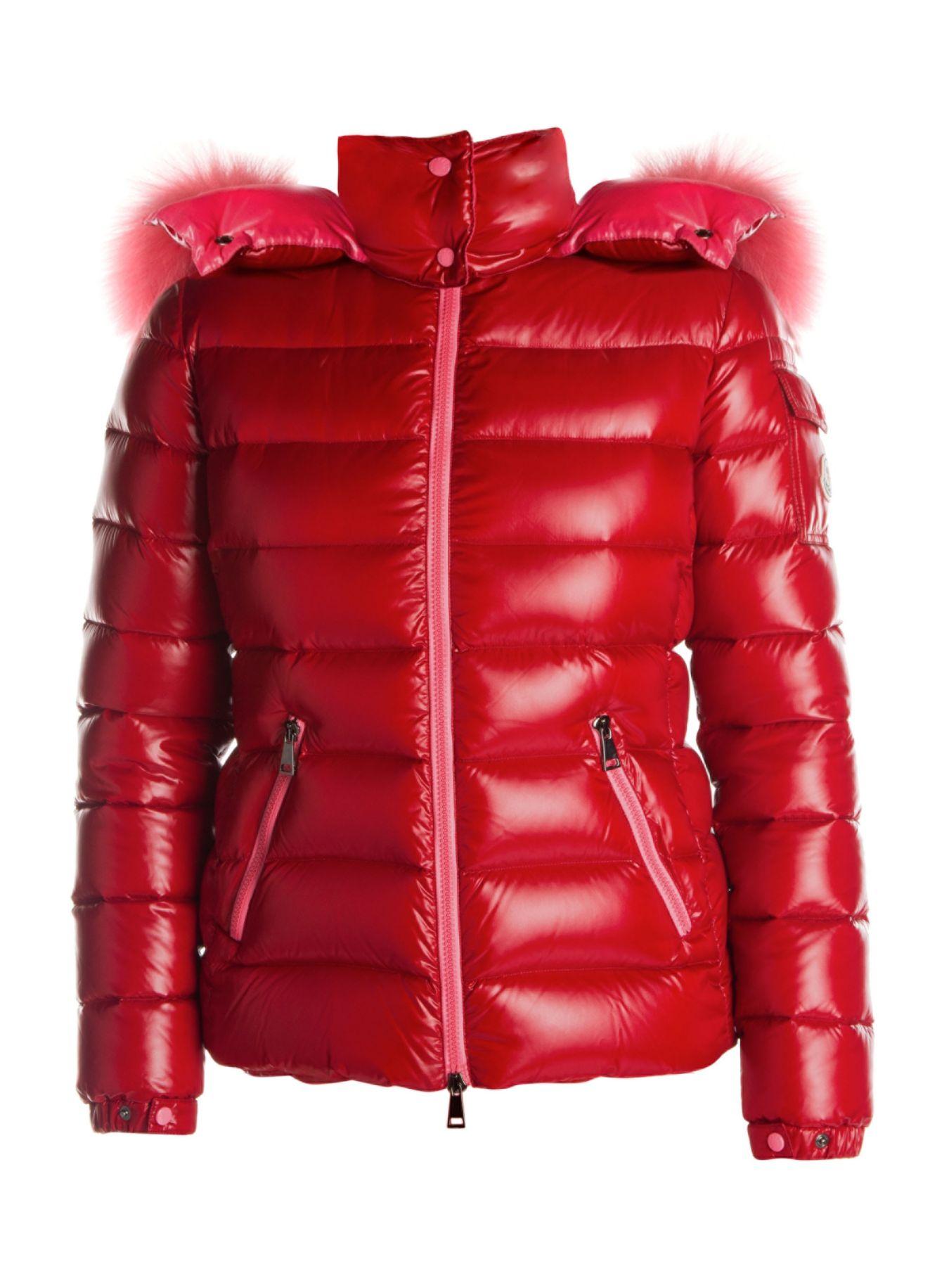 red moncler coat with fur hood