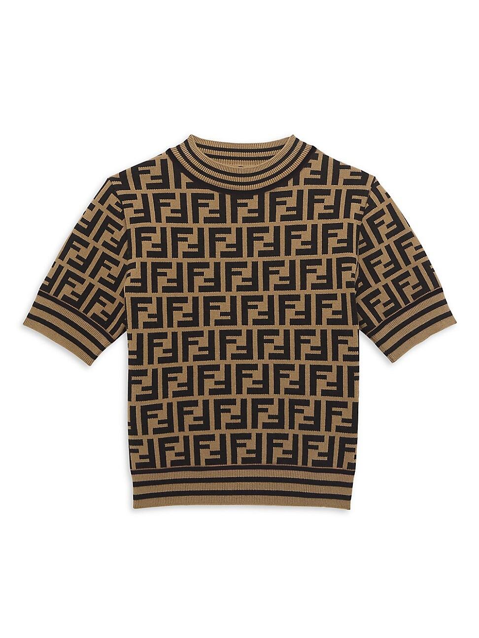 Fendi Girl's Allover Logo Short-sleeve Sweater in Brown | Lyst