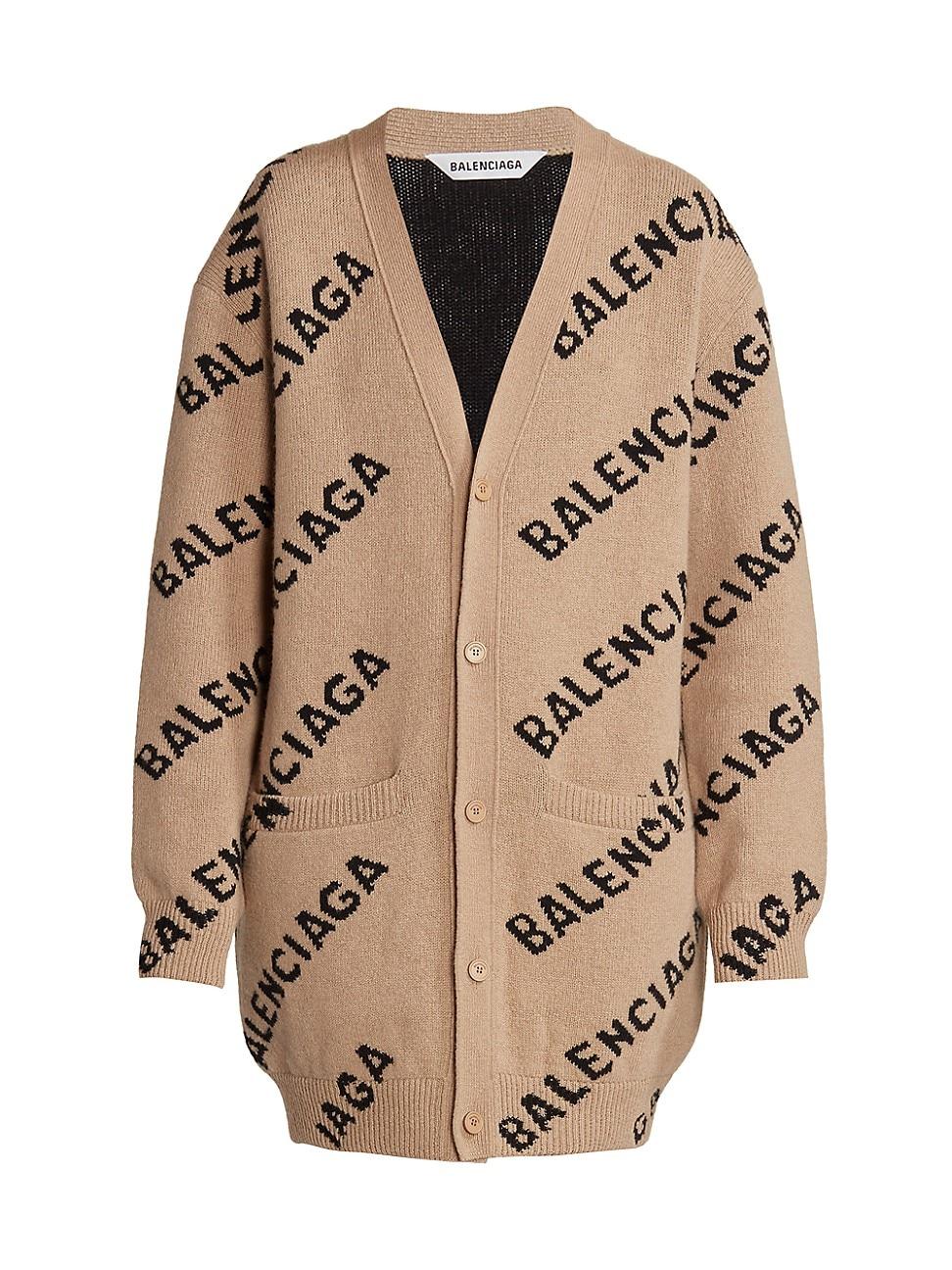 Balenciaga Wool Logo Knit Cardigan in Natural | Lyst