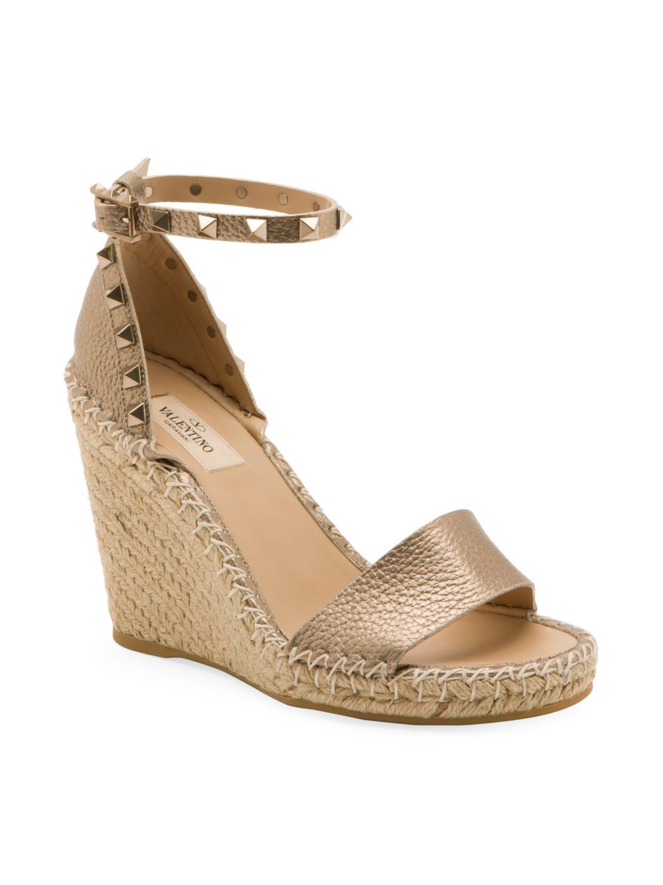 Valentino Garavani Rockstud Metallic Leather Espadrille Wedge Sandals ...