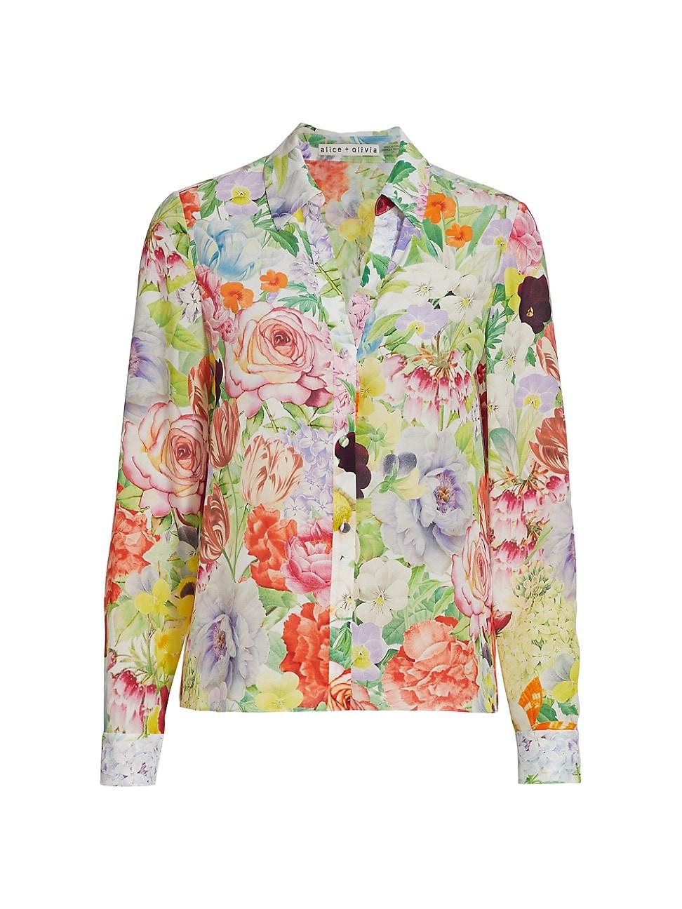 Alice + Olivia Eloise Floral Stretch Silk Blouse in White | Lyst