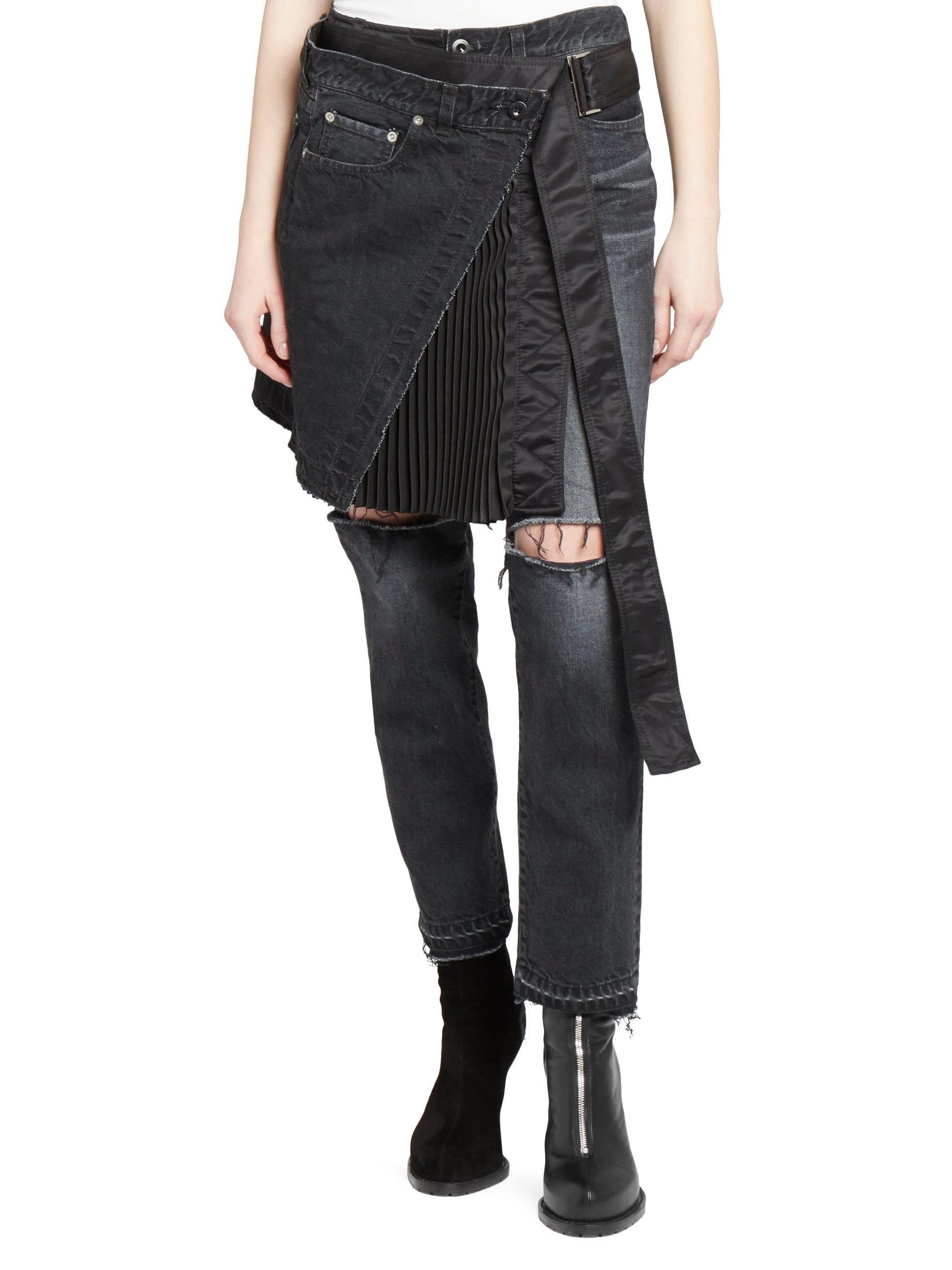 Sacai Wrap Skirt & Denim Pants Combo in Black | Lyst
