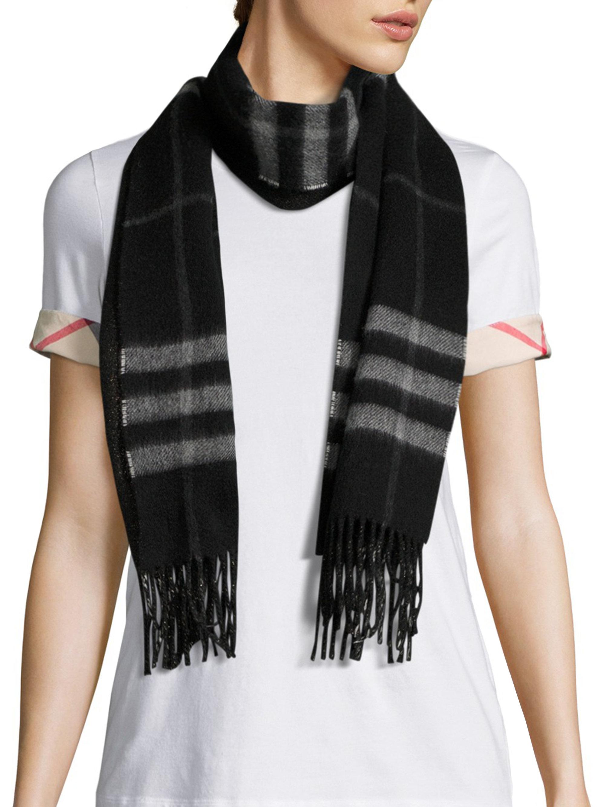 Burberry Reversible Metallic Check Cashmere Scarf in Black - Lyst