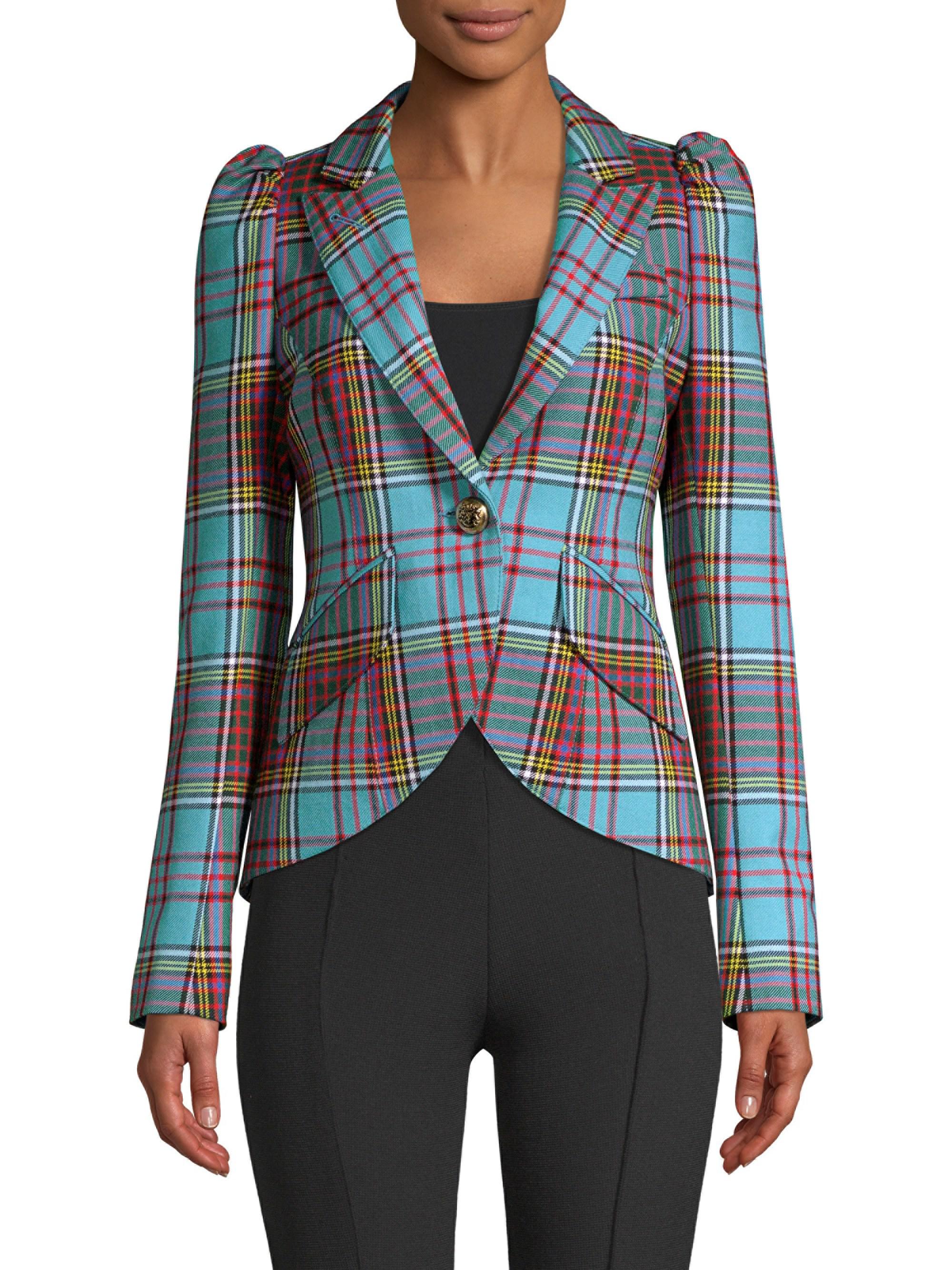Smythe Puff Sleeve Plaid Blazer in Blue Lyst