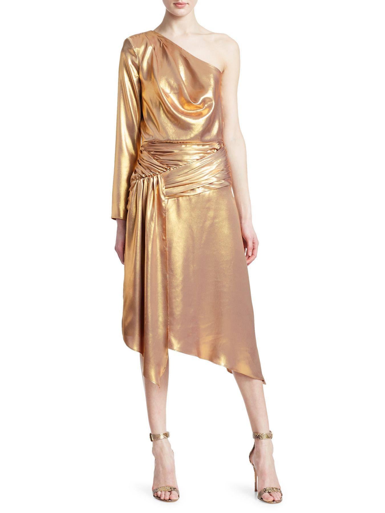 Each x Other Lamé Asymmetric One-shoulder Tie-waist Dress in Gold ...