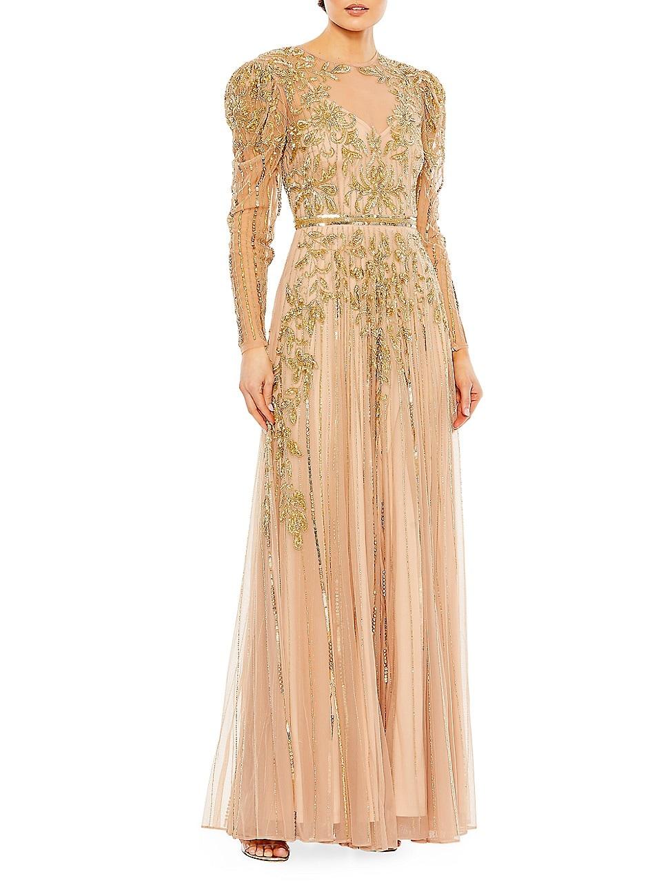 Mac Duggal Beaded Illusion Puff-sleeve Gown in Natural | Lyst