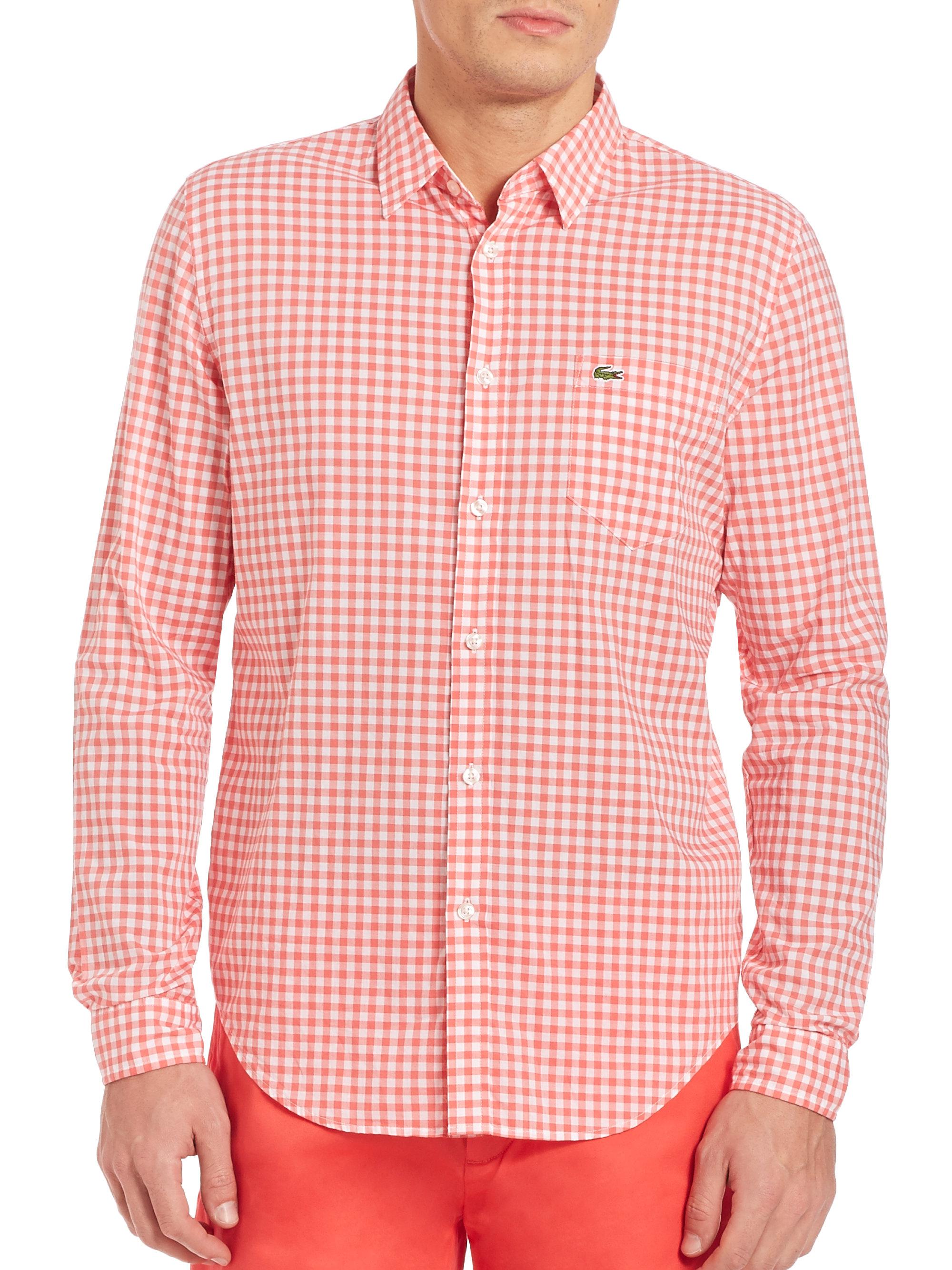 Lacoste Cotton Long Sleeve Gingham Checked Shirt in Red (Pink) for Men