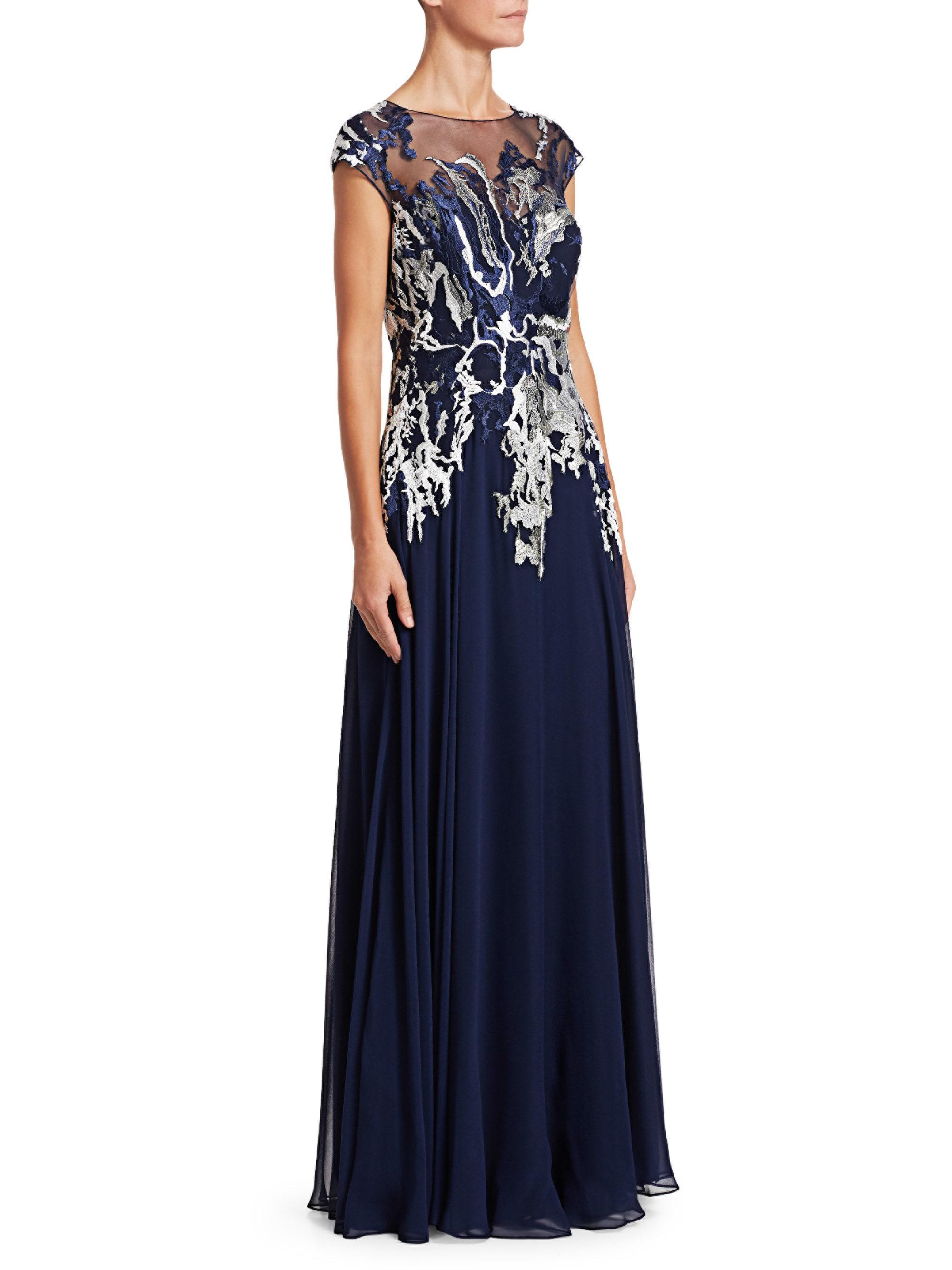 Teri Jon Embellished Illusion Buttondown Gown in Blue Lyst