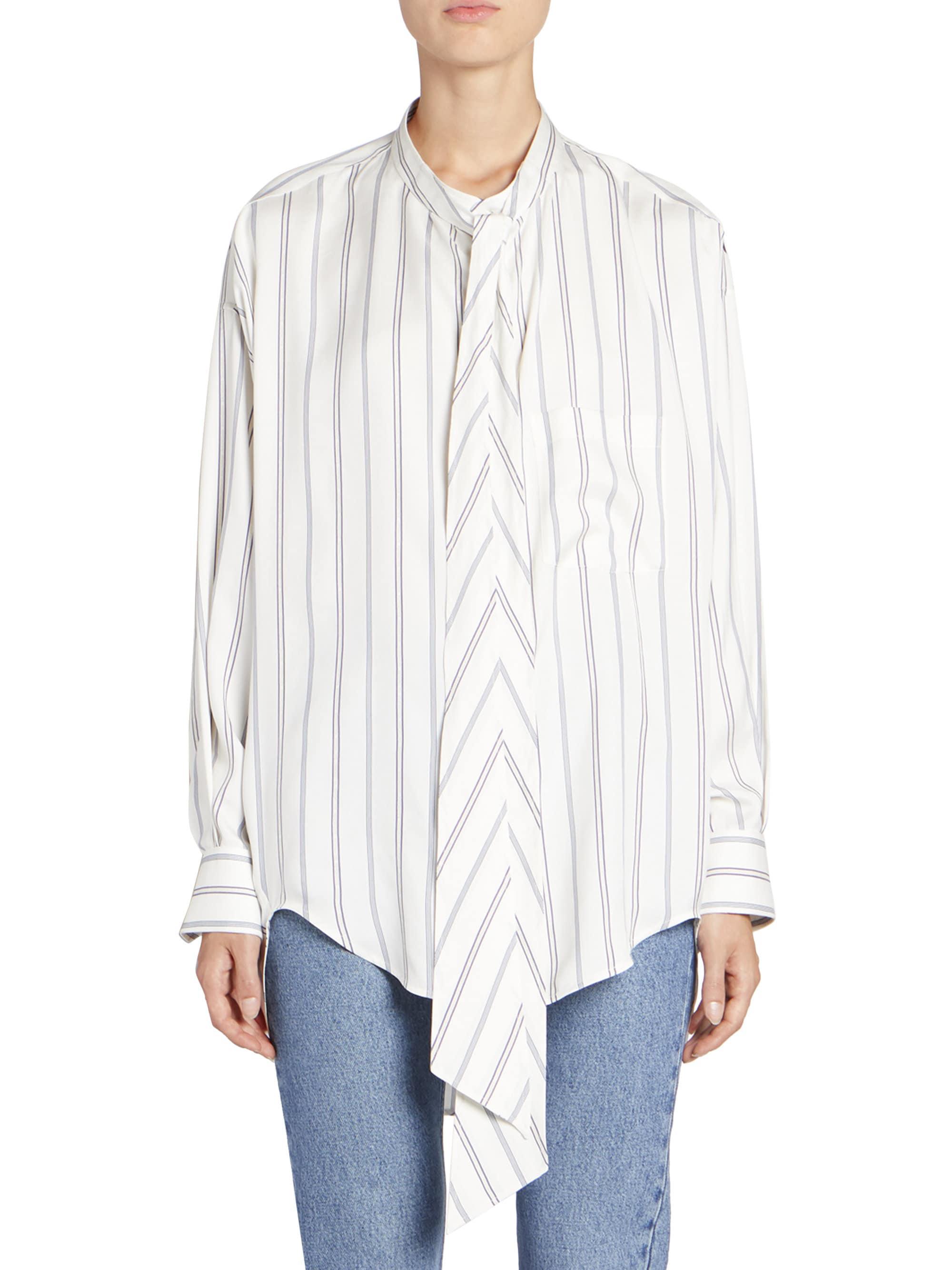 Balenciaga Silk Striped Logo Button-down Shirt in Ivory Blue 