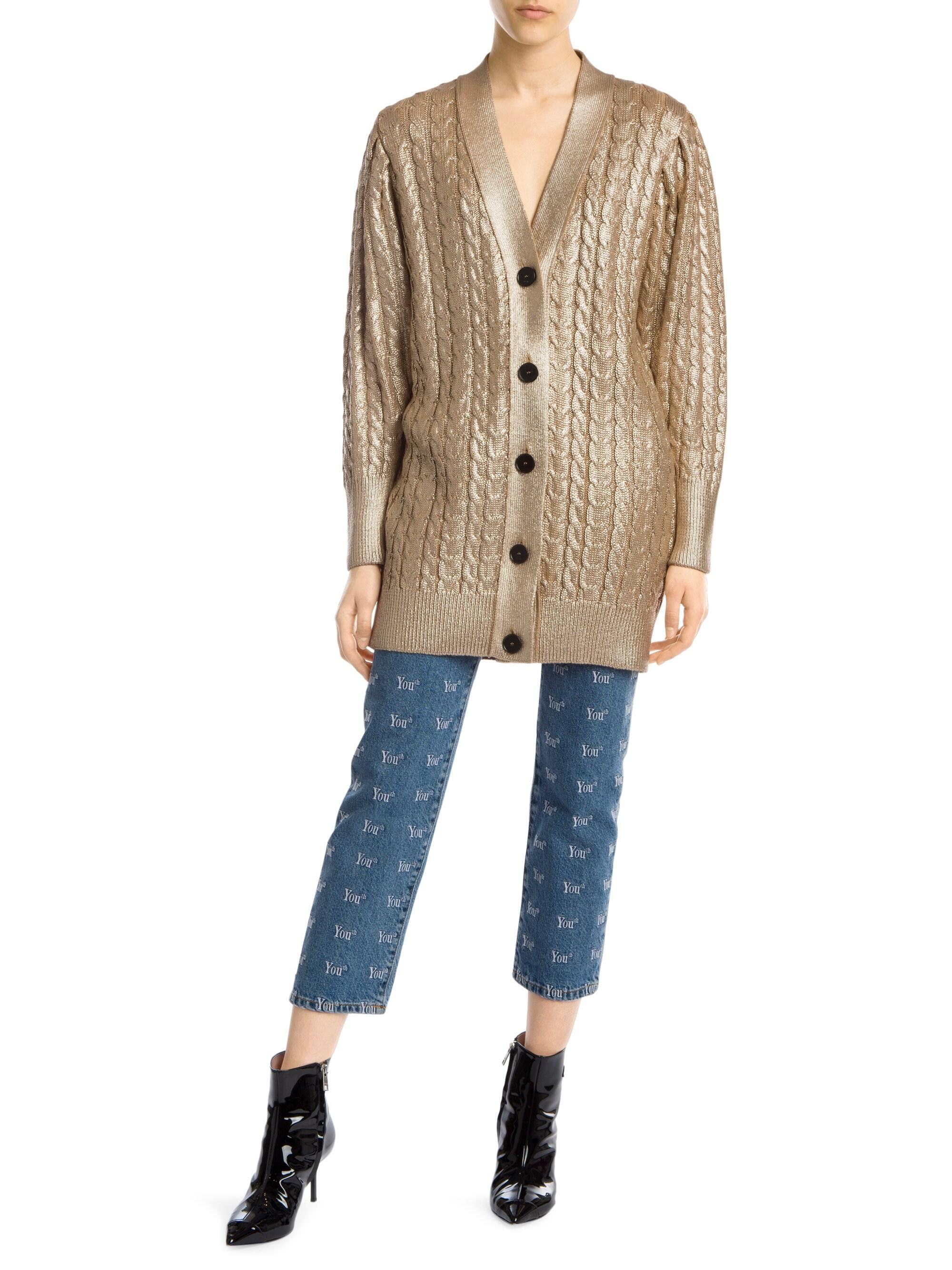 MSGM Women's Metallic Cableknit Cardigan Gold Camel Lyst