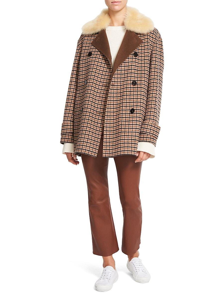 Faux Shearling-collar Plaid Peacoat 