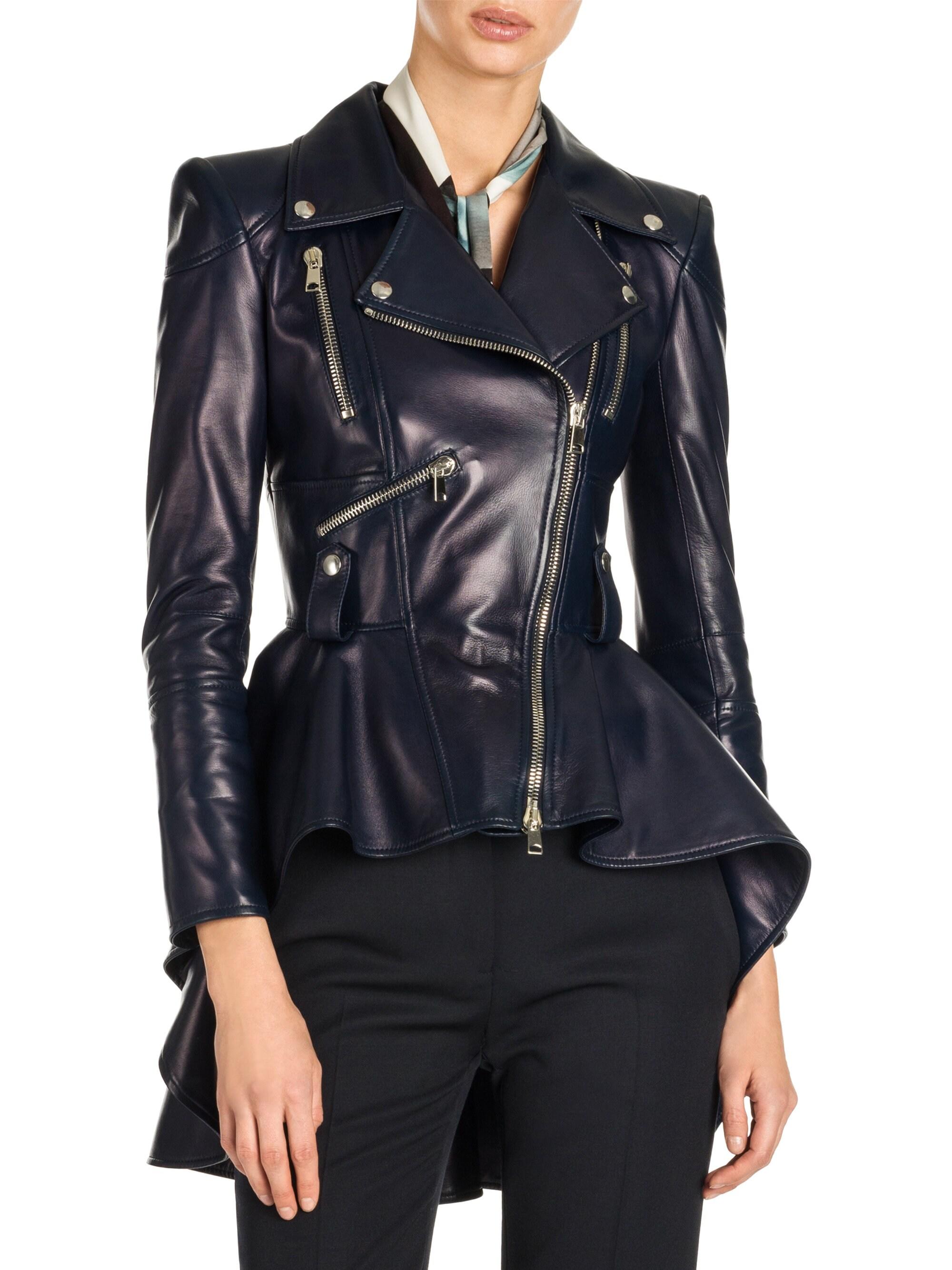 Alexander McQueen Peplum Leather Jacket in Blue - Lyst