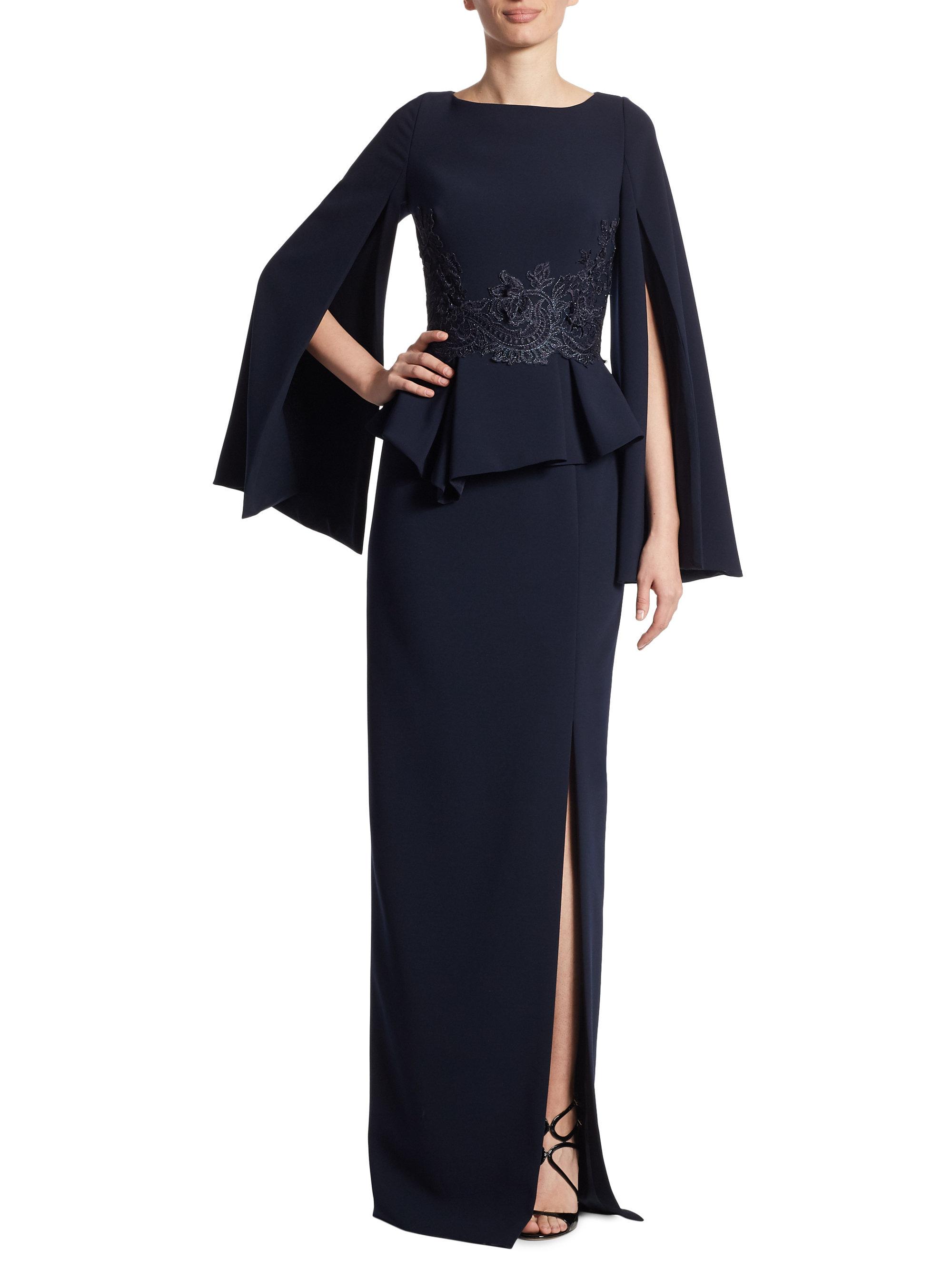 THEIA Lace Cape Sleeve Peplum Gown in ...