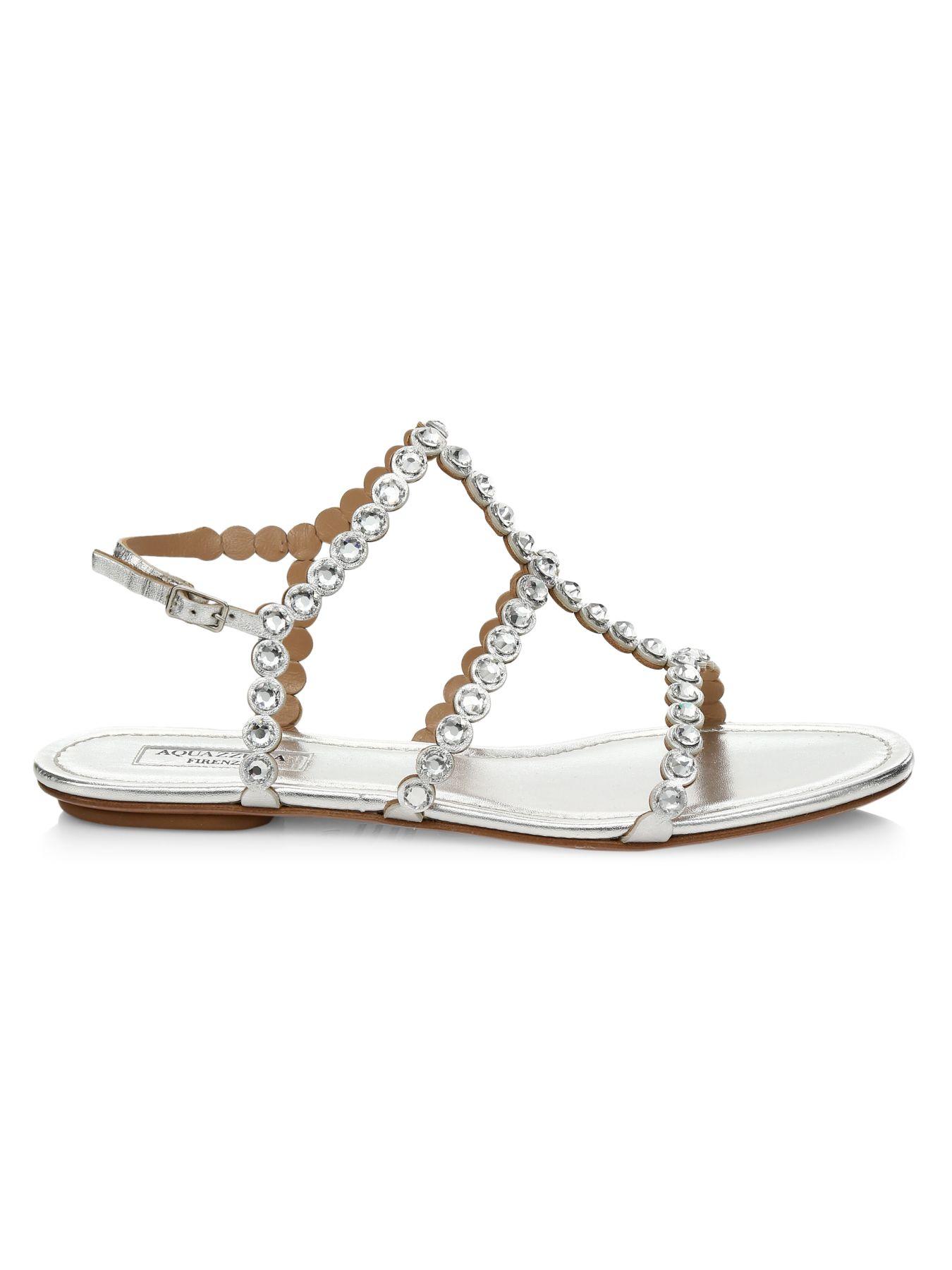 Aquazzura Tequila Crystal-embellished Metallic Leather Flat Sandals - Lyst