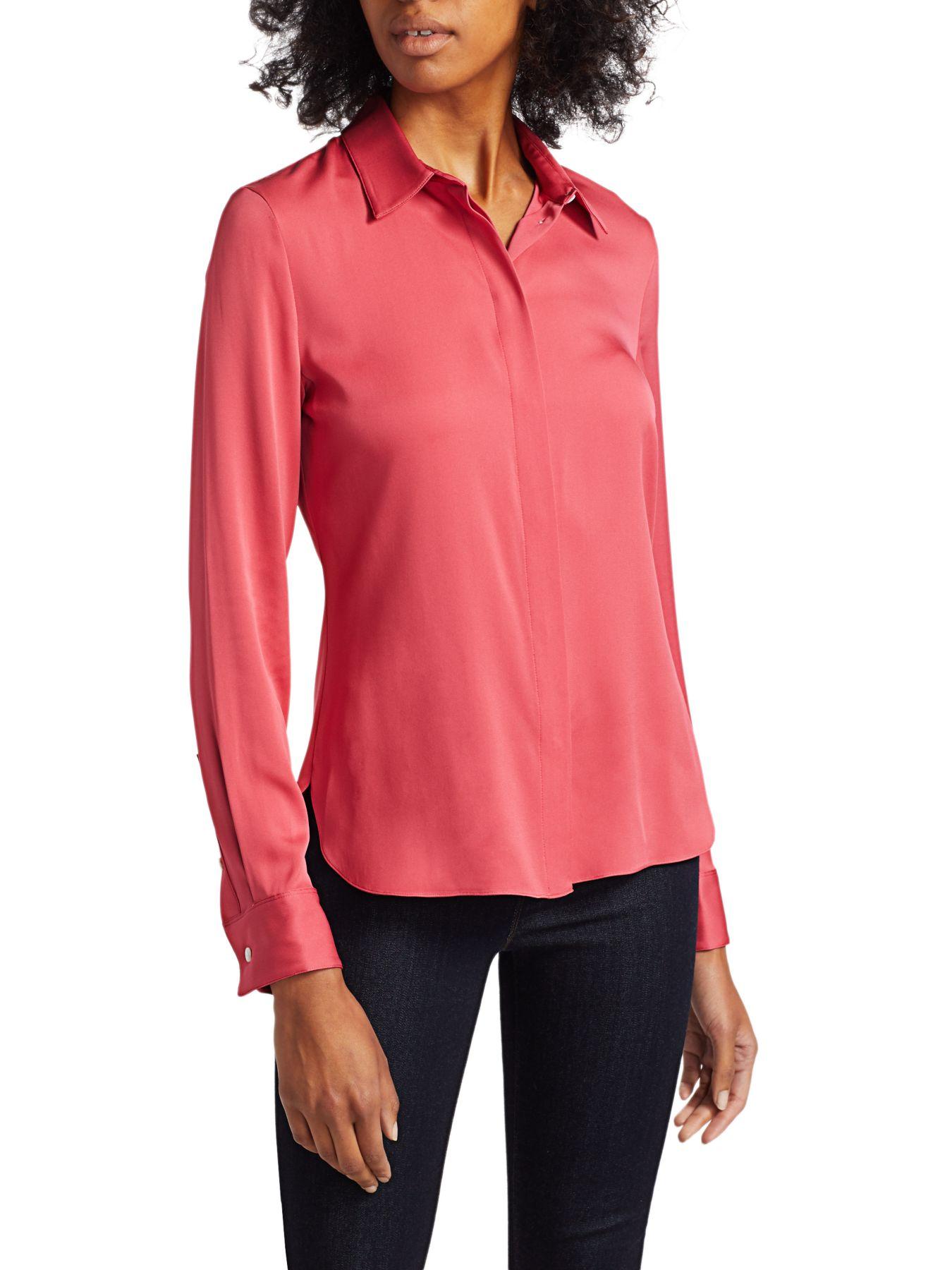 Theory Core Silk Button-down Shirt in Pink - Lyst