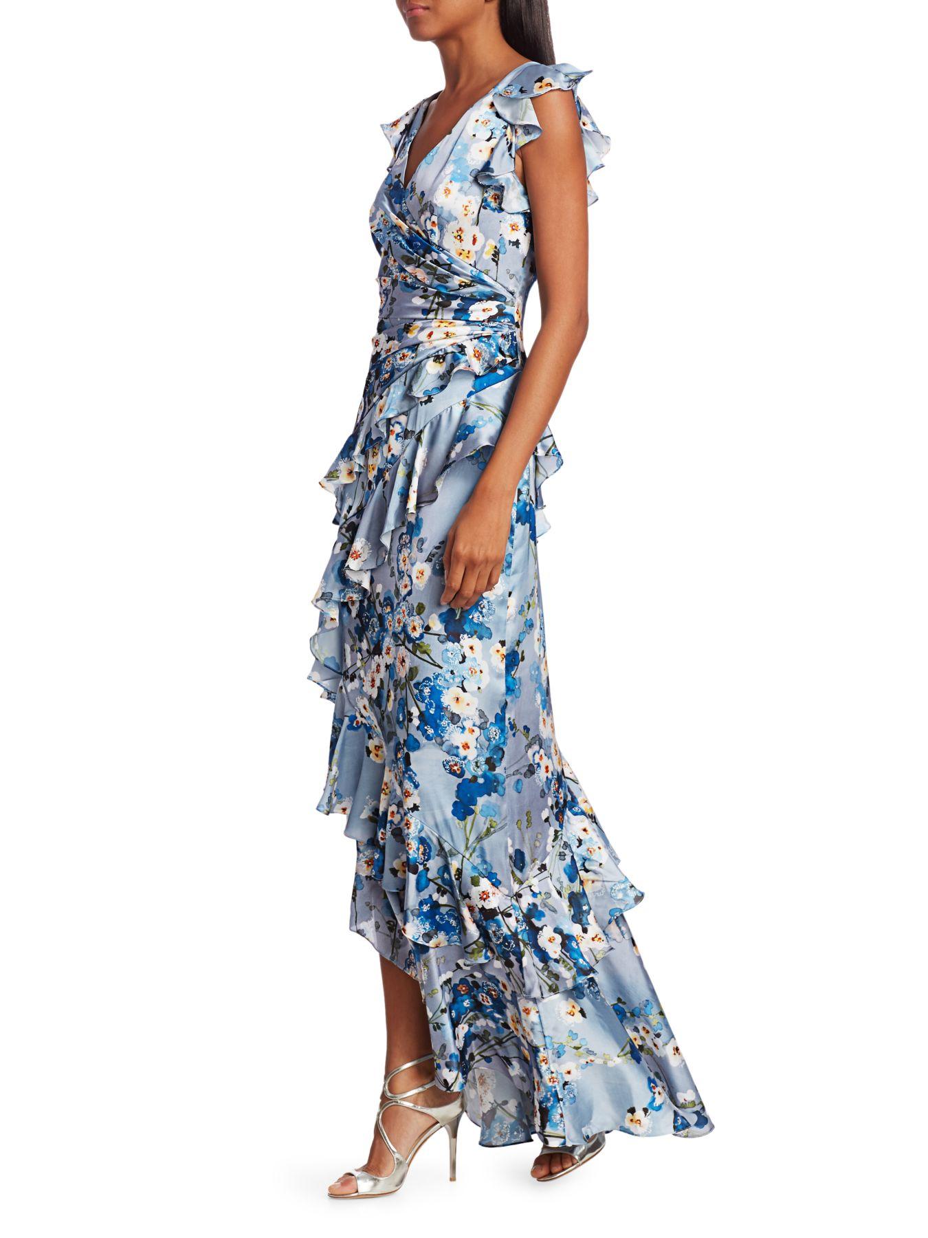 THEIA Printed V-neck Ruffle Gown in Blue - Lyst