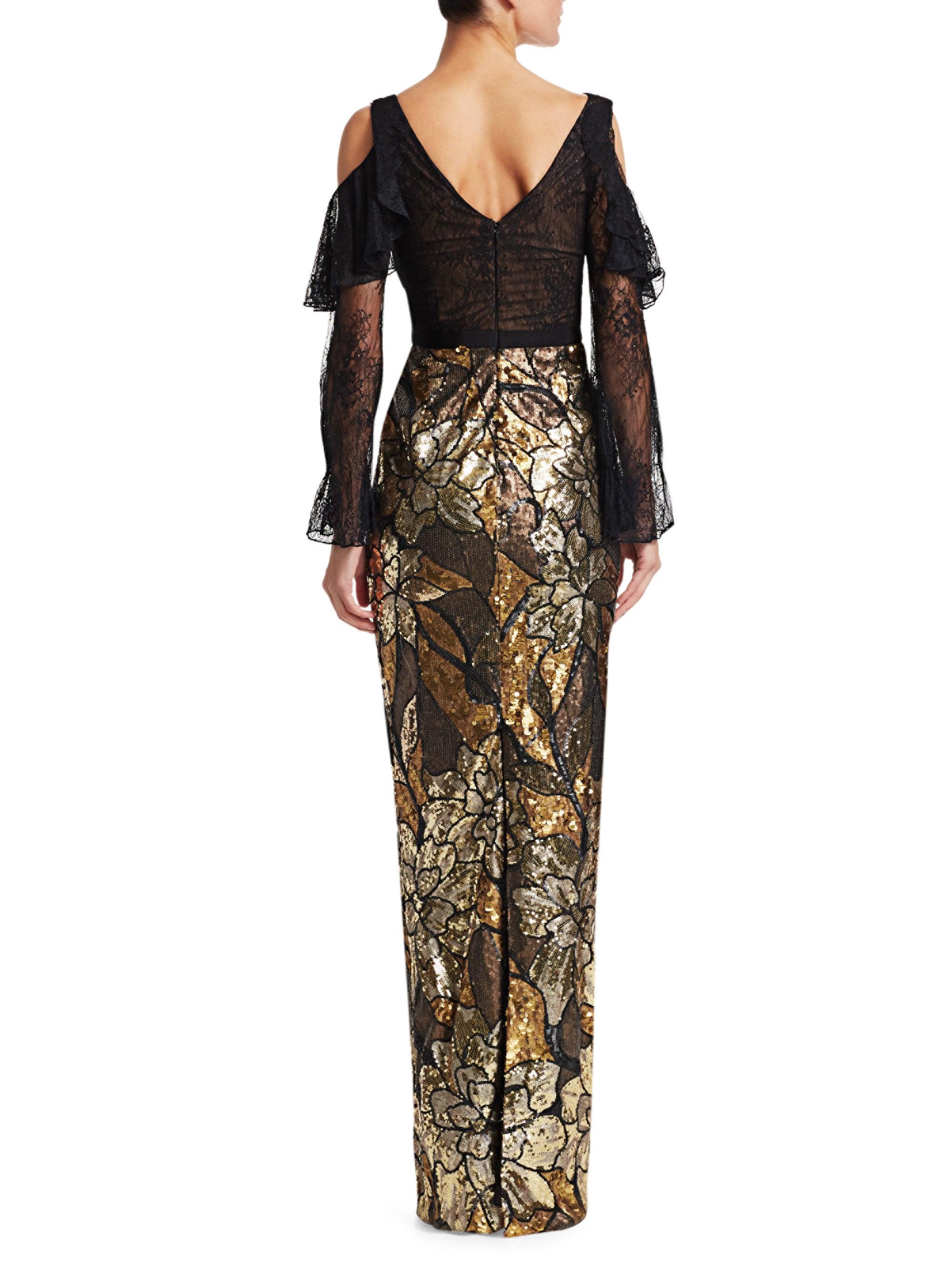 marchesa notte gold artwork sequin gown