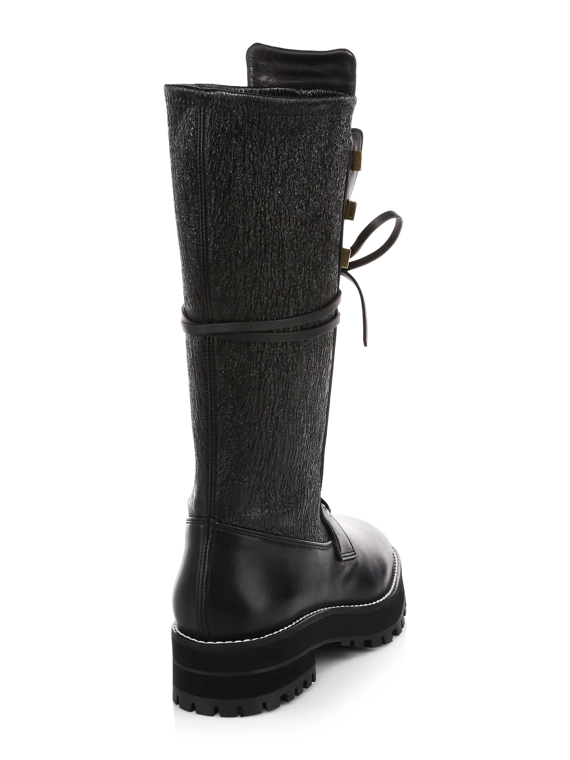 womens black leather knee high lace up boots