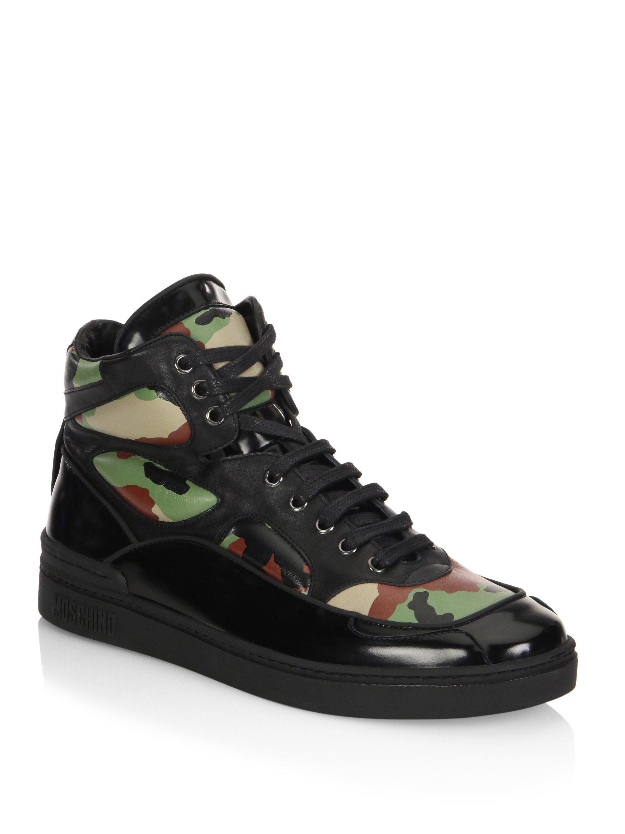 Moschino Camo Leather High Top Sneakers in Black for Men Lyst
