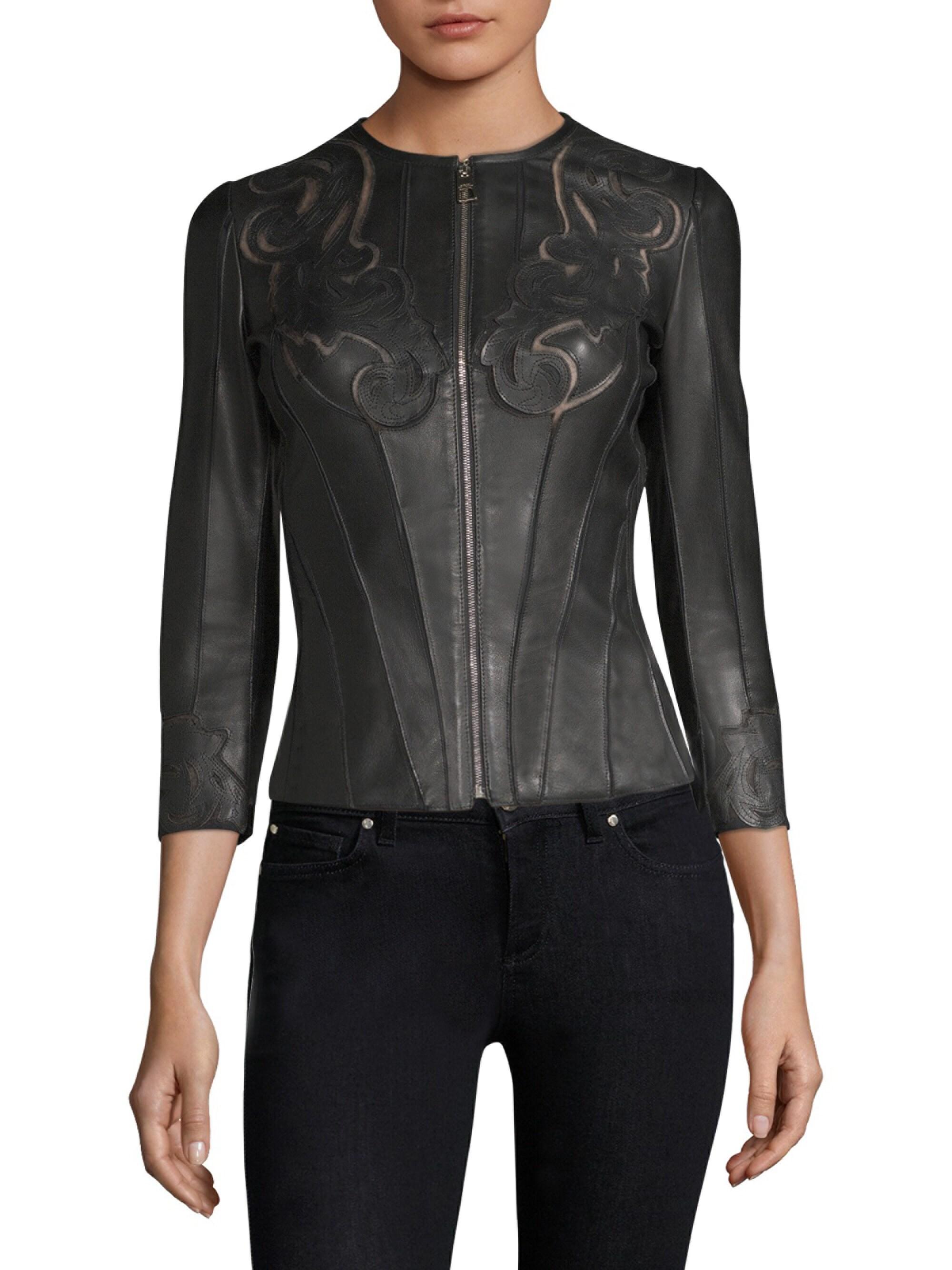 Versace Fitted Laser Cut Leather Jacket In Black Lyst Versace Women S Black Fitted Laser Cut Leather Jacket