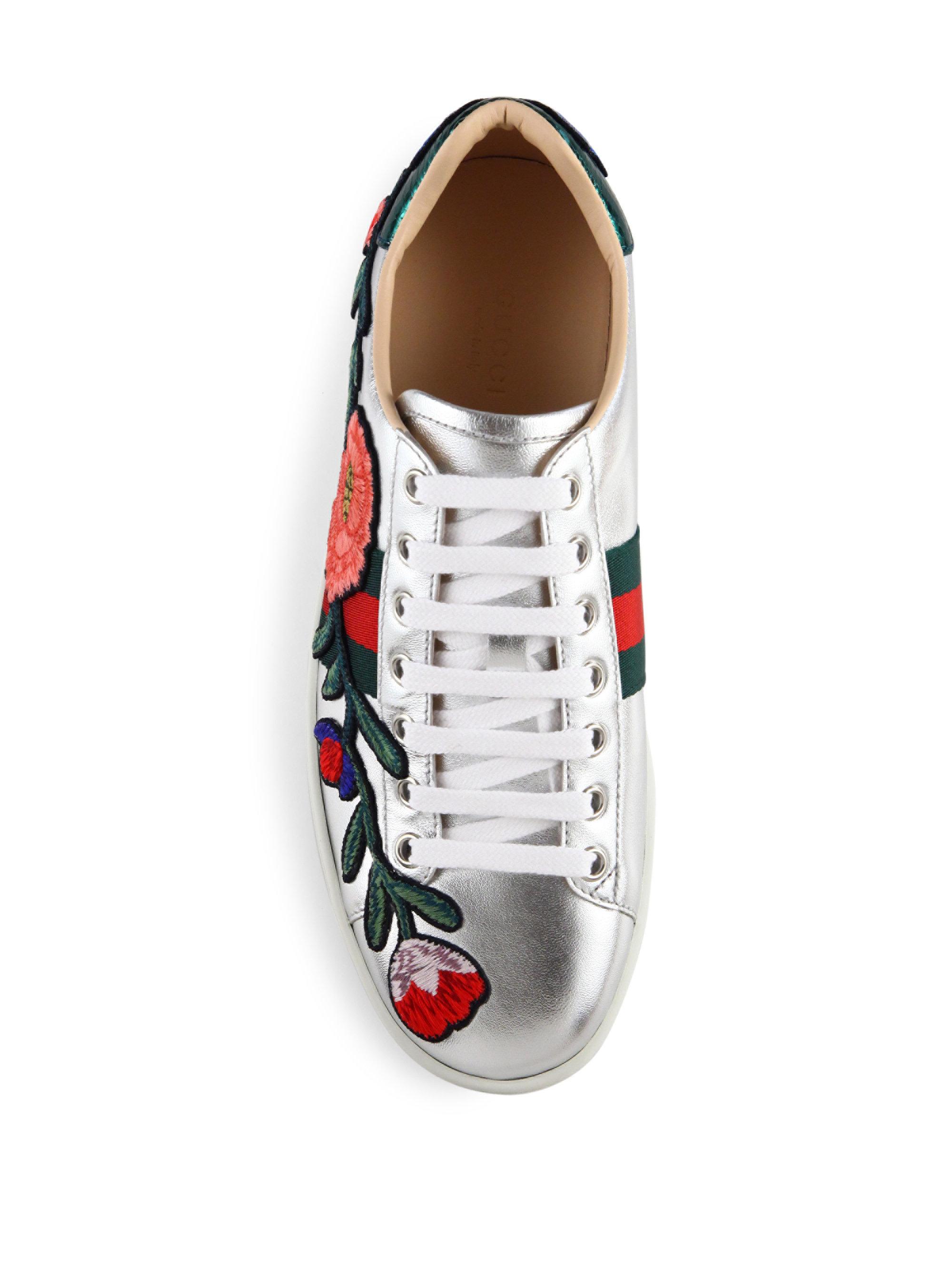 Gucci New Ace Floral-embroidered Metallic Leather Sneakers - Lyst